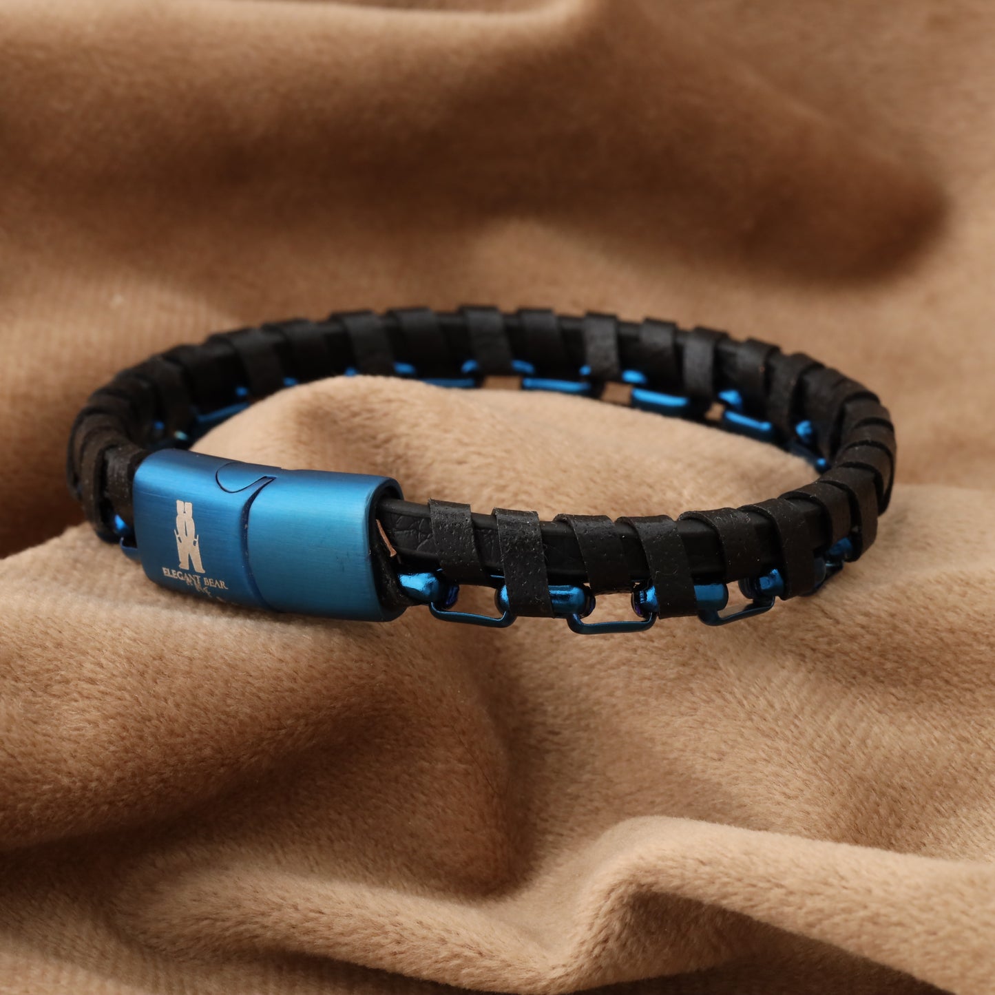 Half Cuban Chain Black Genuine Leather Blue Stainless Steel With Blue Lock Bracelet L1272