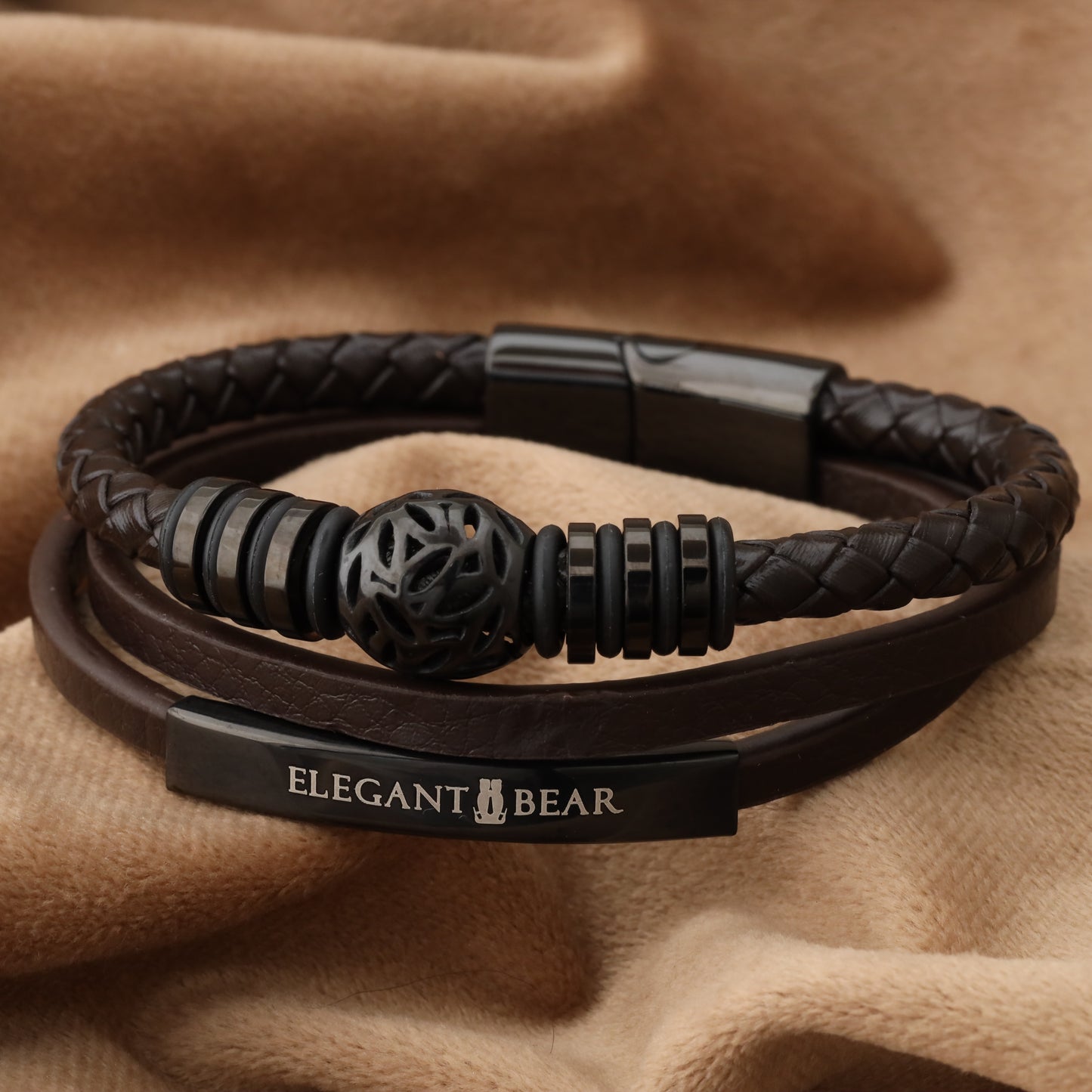 Autumn Ball Brown Genuine Leather Black Stainless Steel Bracelet L1223