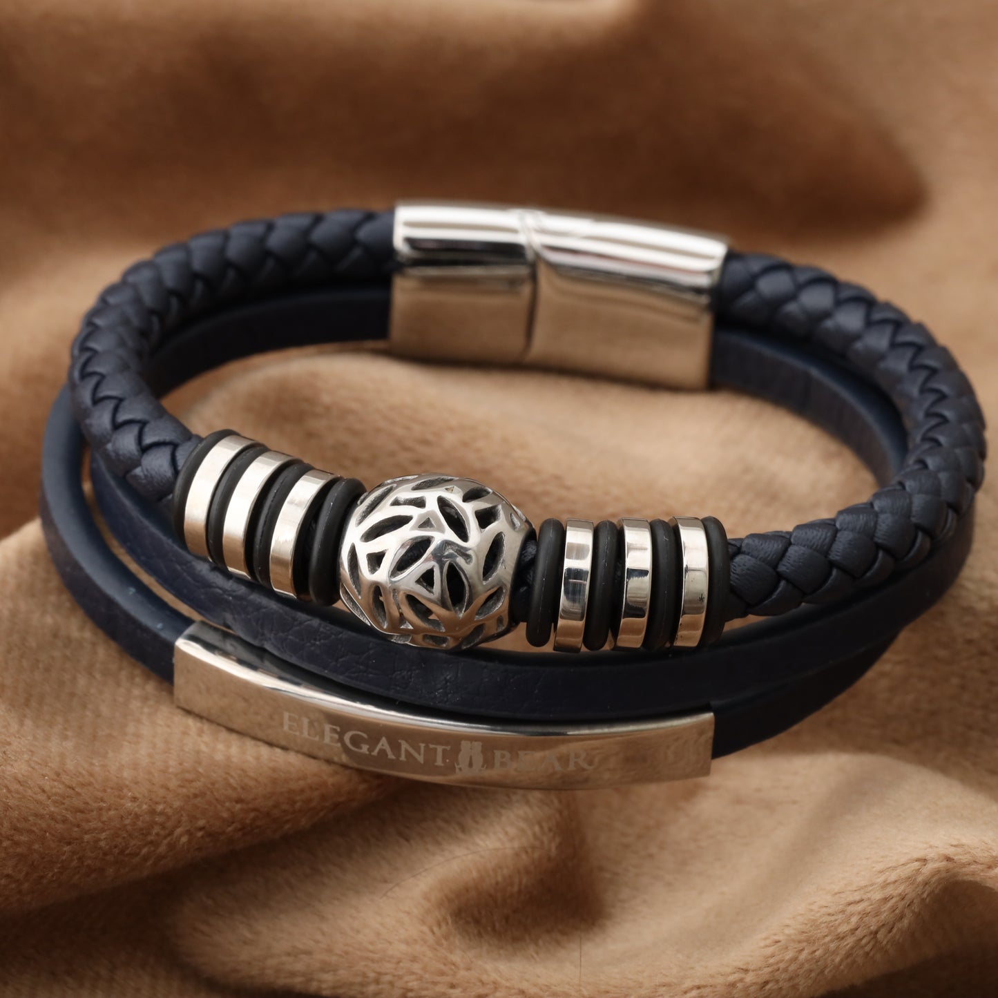 Autumn Ball Blue Genuine Leather Silver Stainless Steel Bracelet L1257