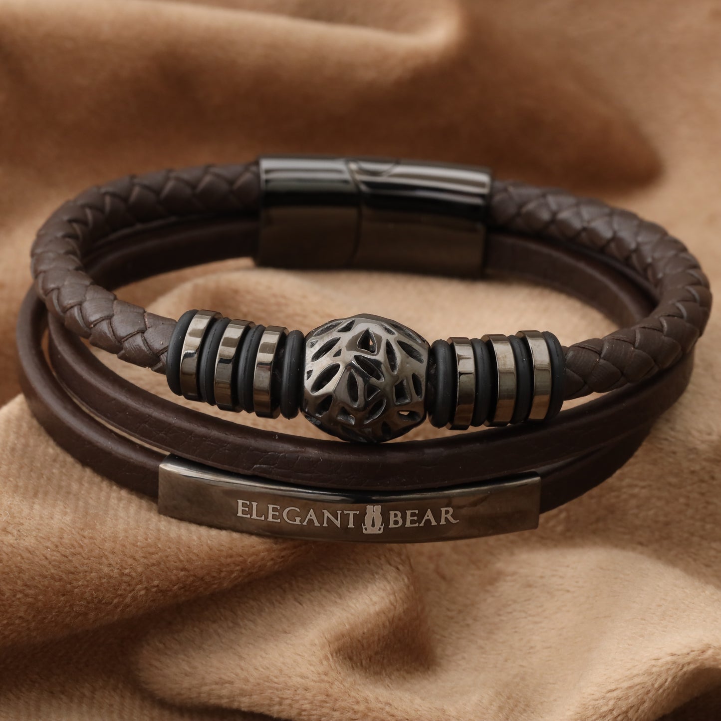 Autumn Ball Brown Genuine Leather Grey Stainless Steel Bracelet L1269