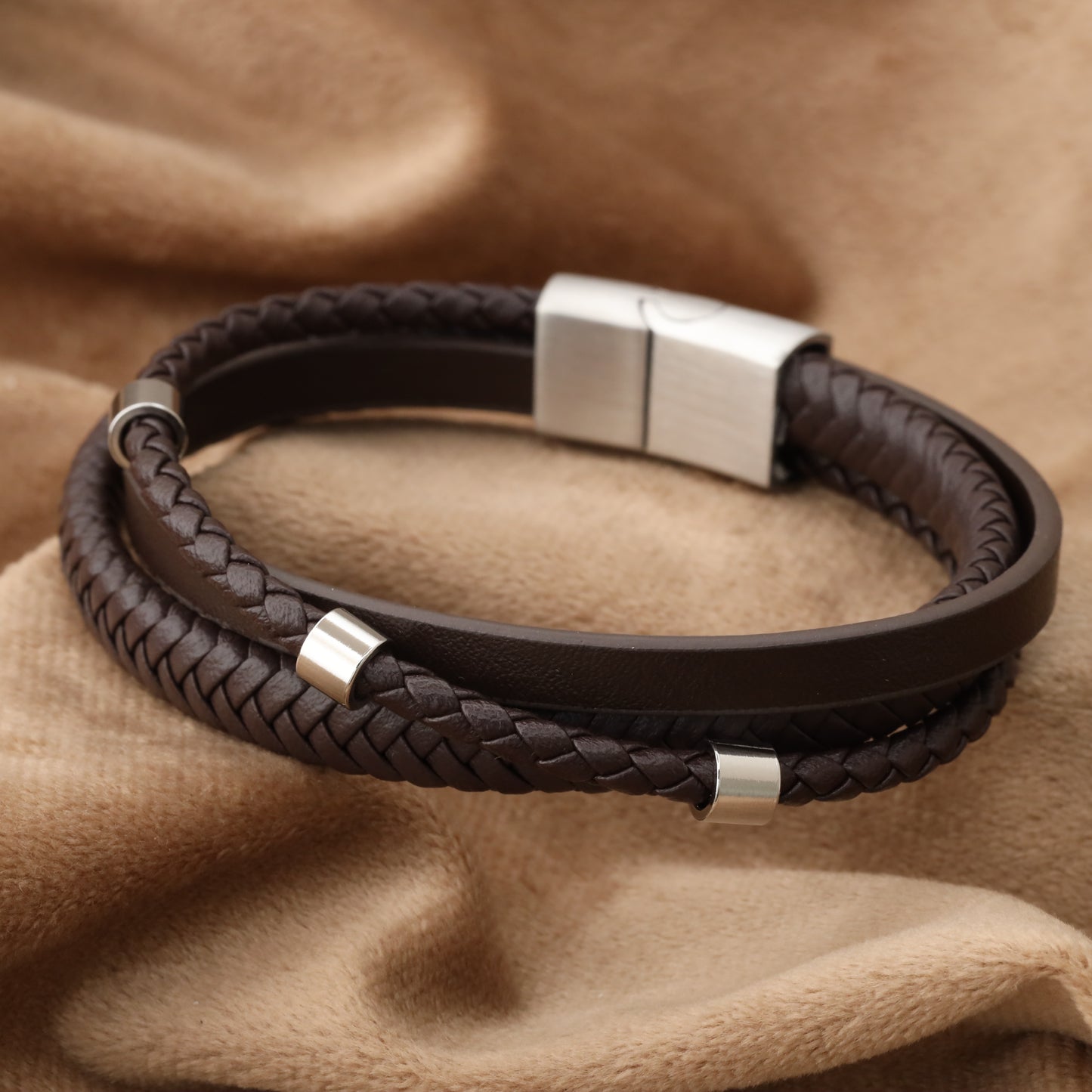 Simple Design 3 Dots Brown Genuine Leather Silver Stainless Steel L1260