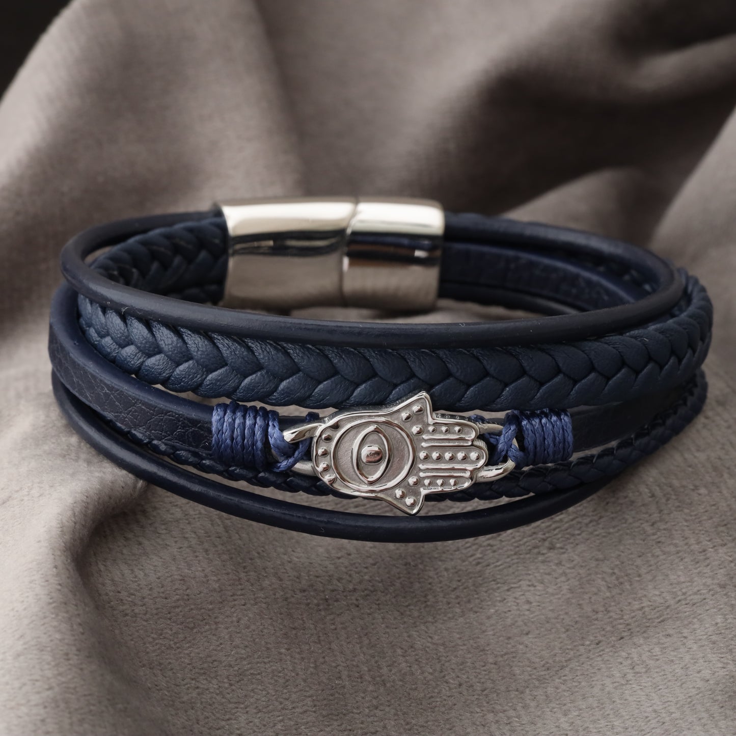 Hamsa Design Blue Genuine Leather Silver Stainless Steel Bracelet L1104