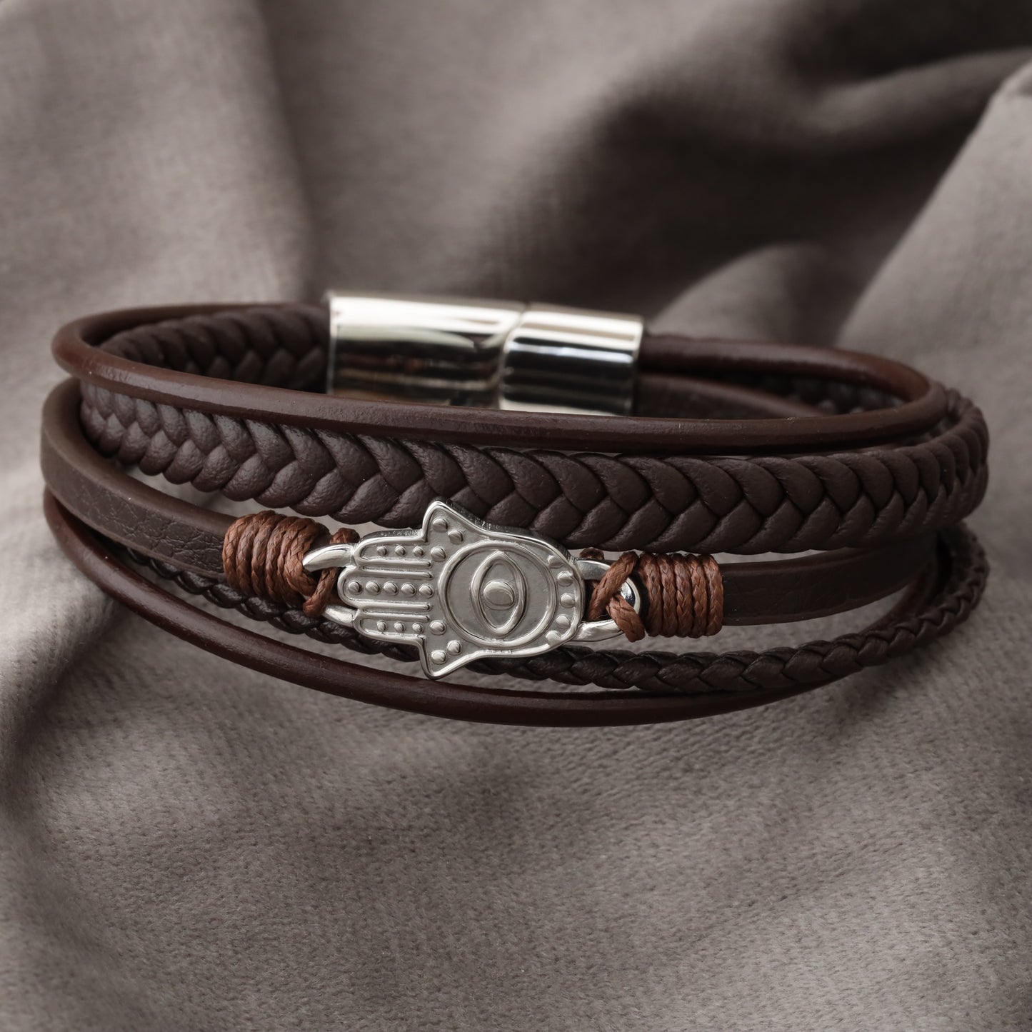 Hamsa Design Brown Genuine Leather Silver Stainless Steel Bracelet L1118