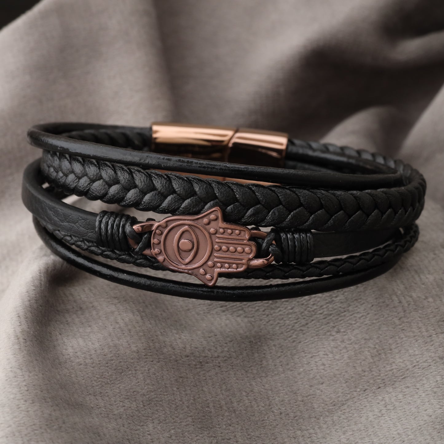 Hamsa Design Black Genuine Leather Brown Stainless Steel Bracelet L1140