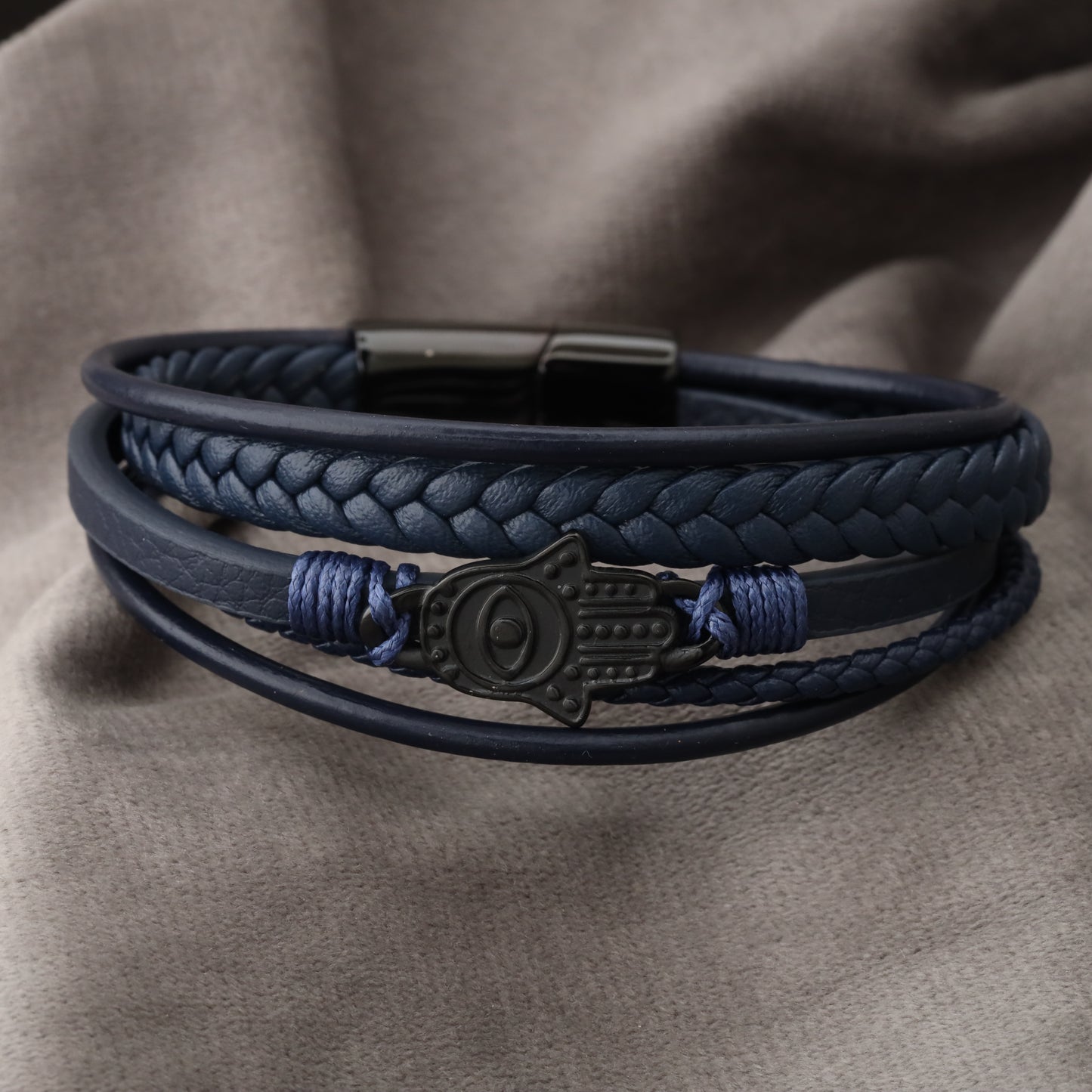 Hamsa Design Blue Genuine Leather Black Stainless Steel Bracelet L1153