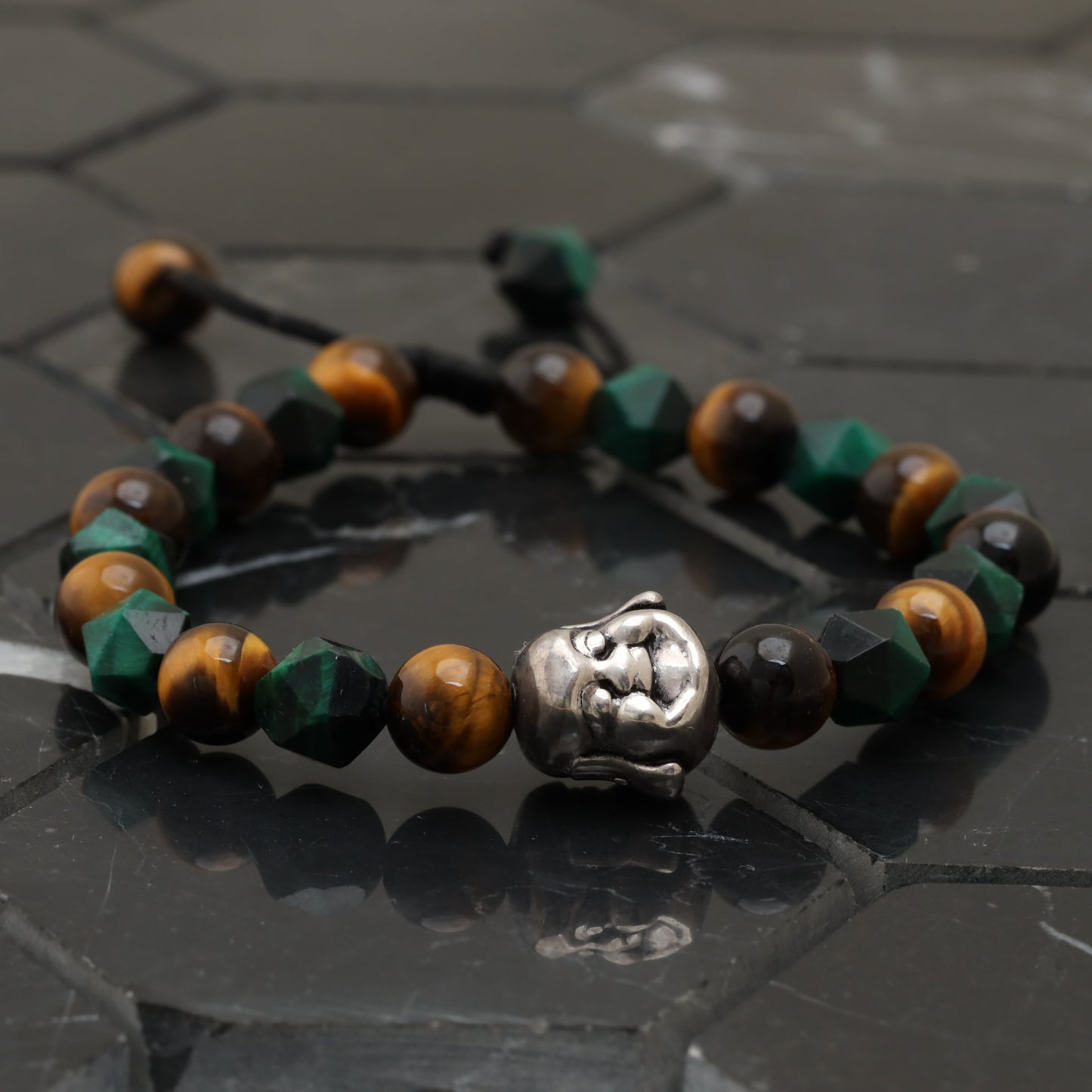 Laughing Buddha Bracelet - 925 Sterling Silver Toy - Brown Tiger Eye Gemstone Class +AAA - Cubic Green Tiger Eye Gemstone -- LU203