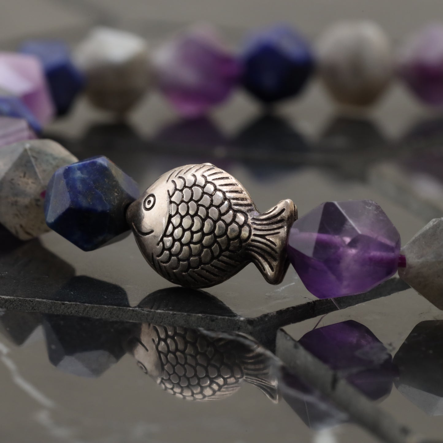 Vitamin Sea Bracelet - 925 Sterling Silver Fish Toy - Amethyst - Lazurite - Amoznite -- Bracelet LU210