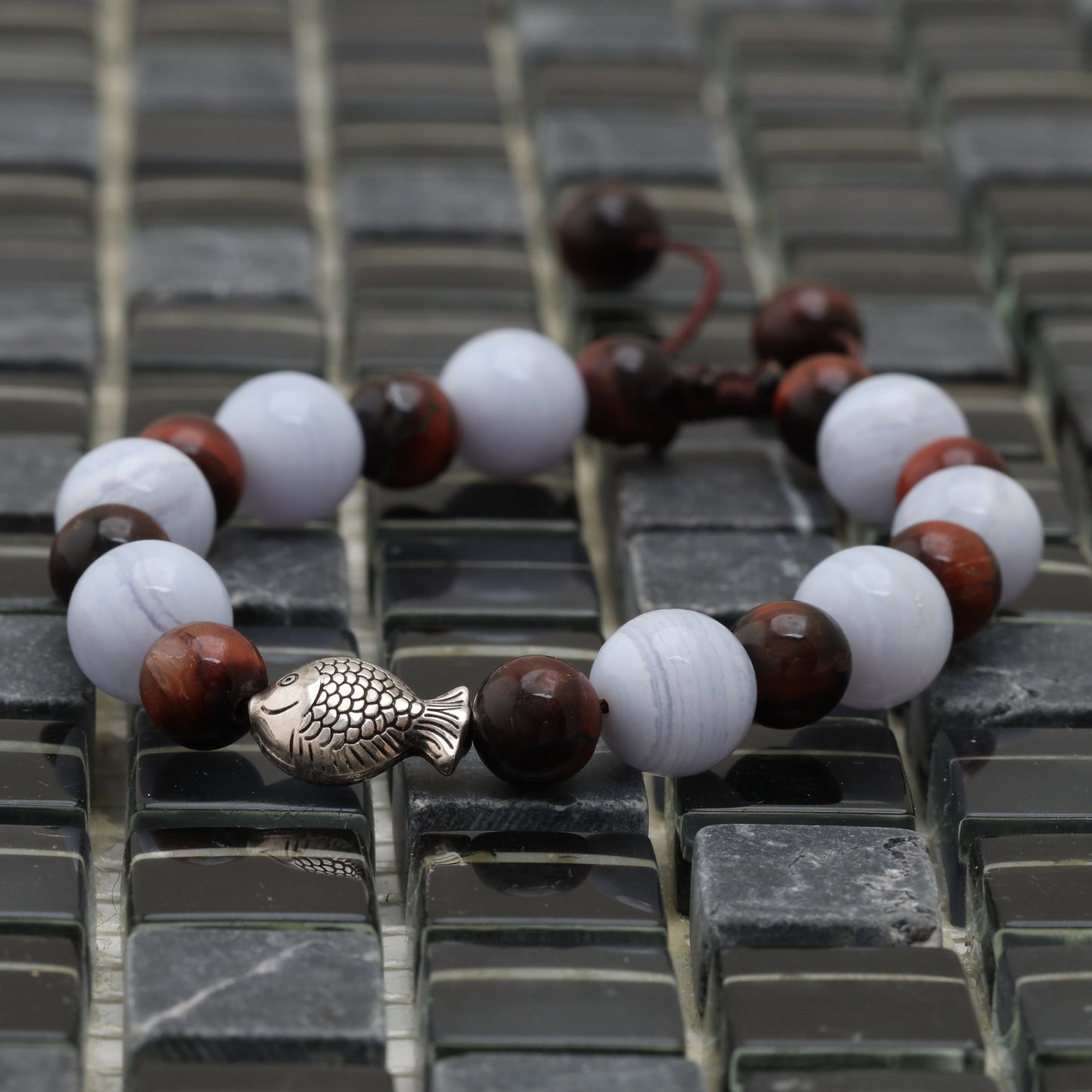 Fish Island Bracelet - 925 Sterling Silver Big Fish - Blue Lace Agate 15 mm - Red Tiger Eye 8 mm Bracelet LU213