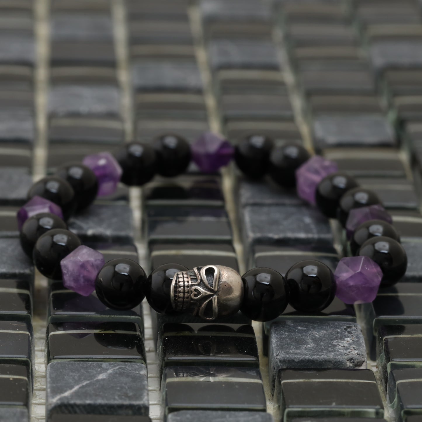 The Punisher Bracelet - 925 Sterling Silver The Punisher Skull - Amethyst Cubic - Onyx Gemstones Bracelet LU216
