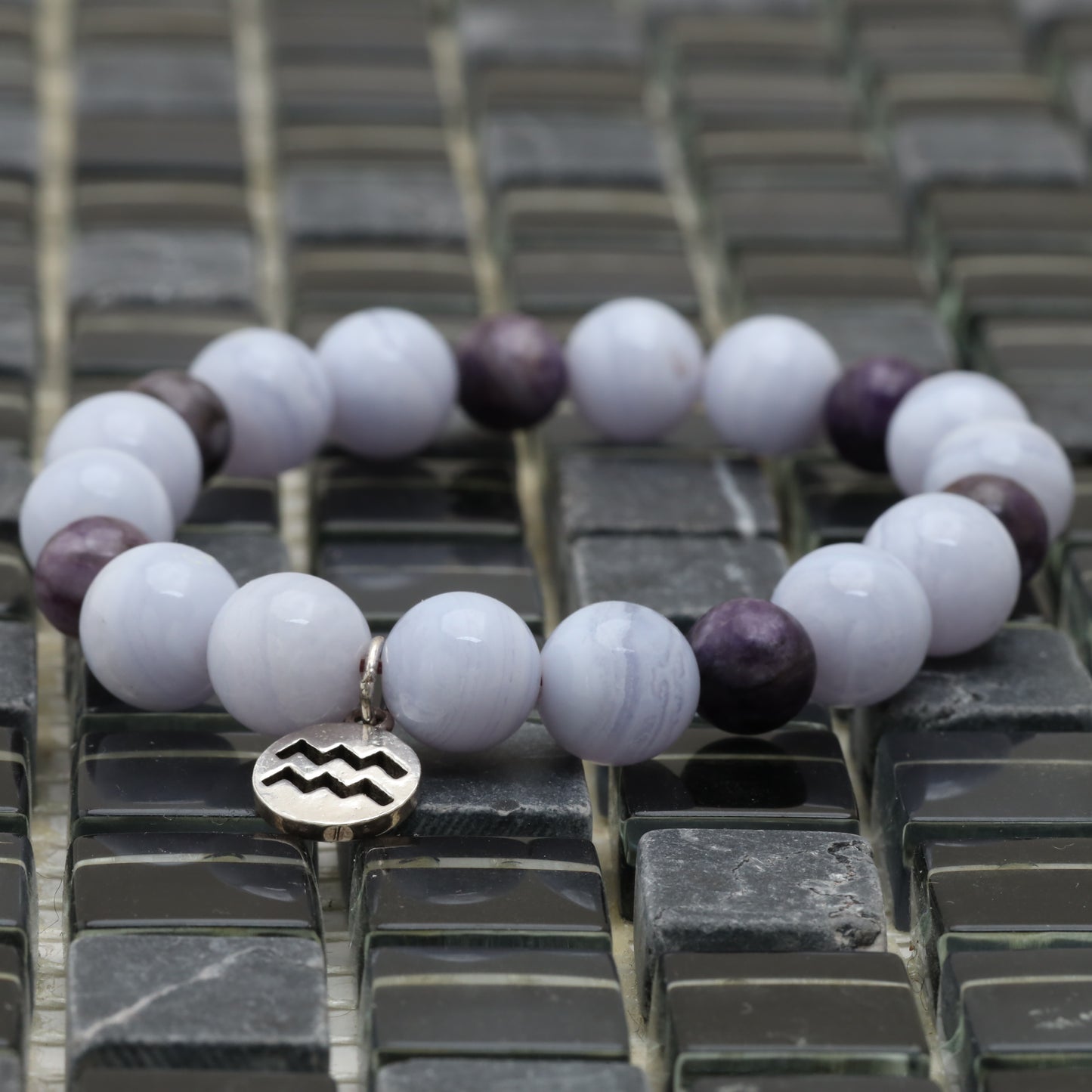 Aquarius Horoscope Bracelet - 925 Sterling Silver Aquarius Sign - Blue Lace Agate 15 mm - Purple Jasper 8 mm Bracelet LU218