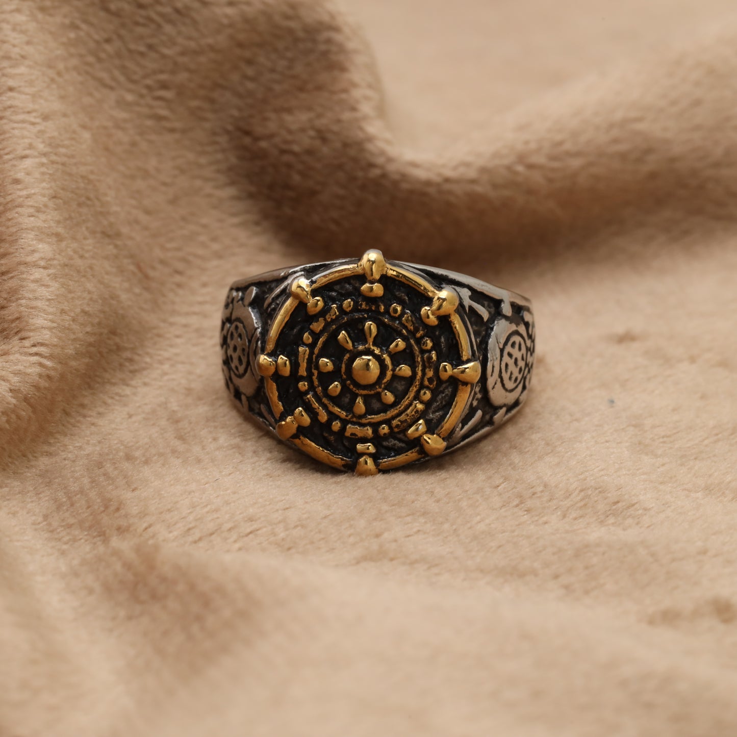 Dharma Wheel Stainless Steel Ring R6658
