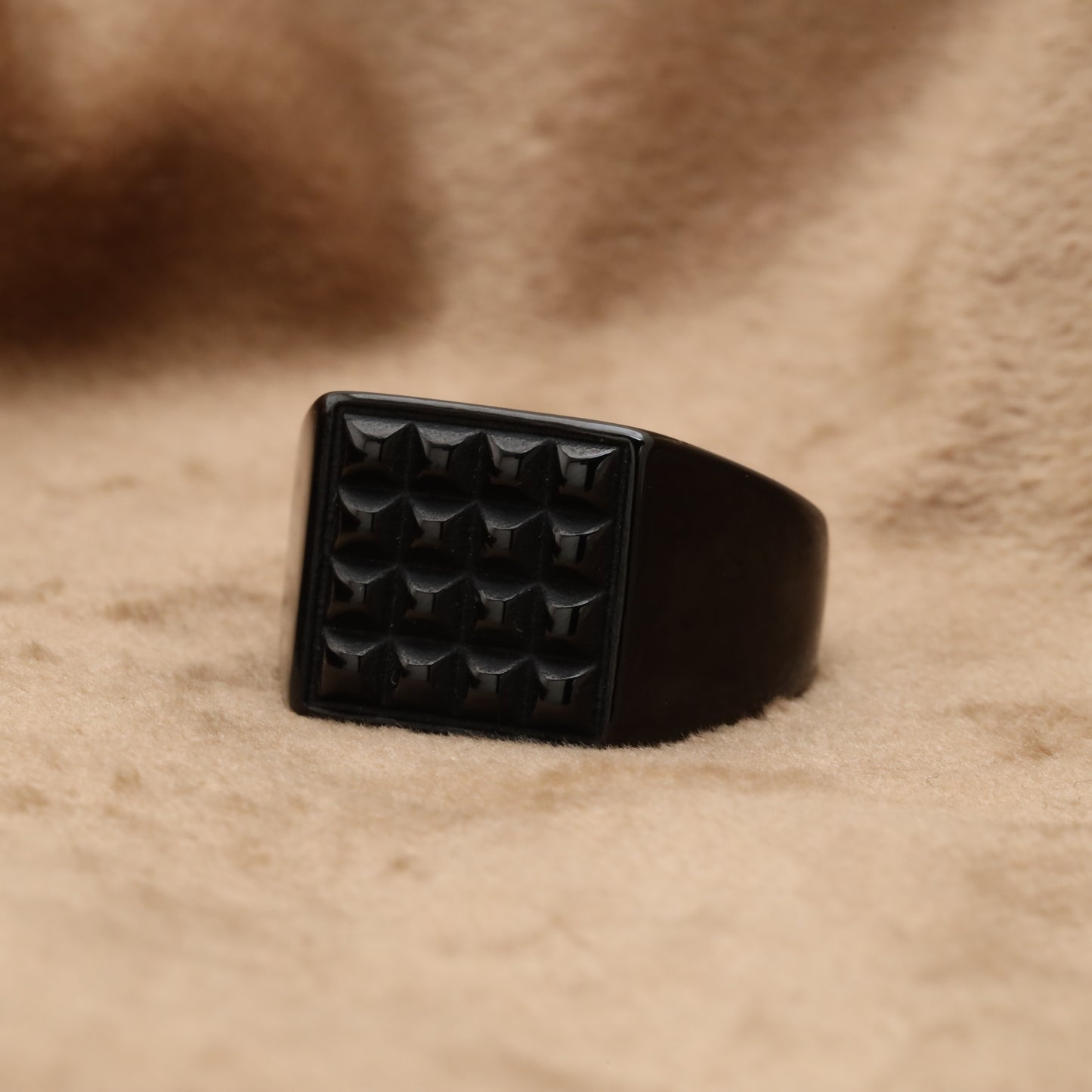 Black Square Signet Ring with 3D Diamond Grid Texture R87
