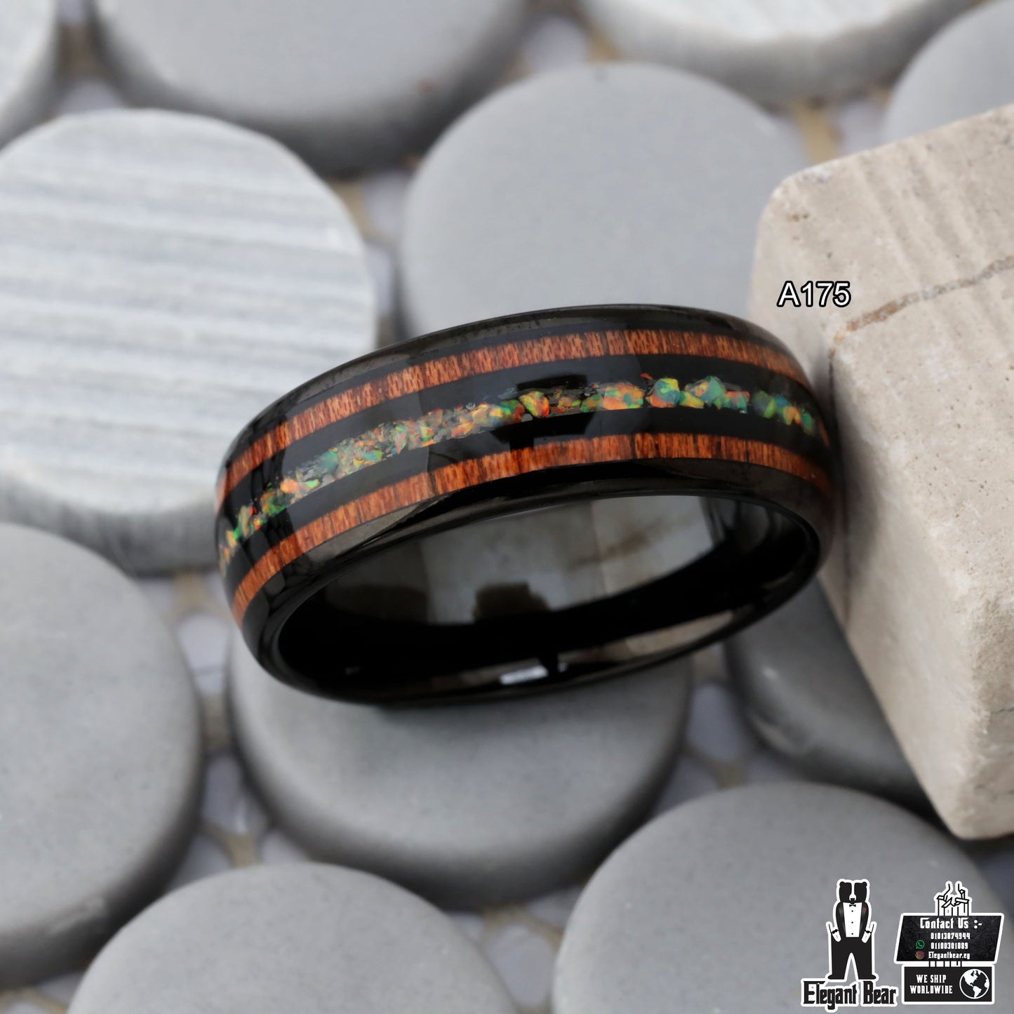 Black Tungsten Ring with Koa Wood & Natural Fire Opal Stones - Premium Design - 8mm - A175