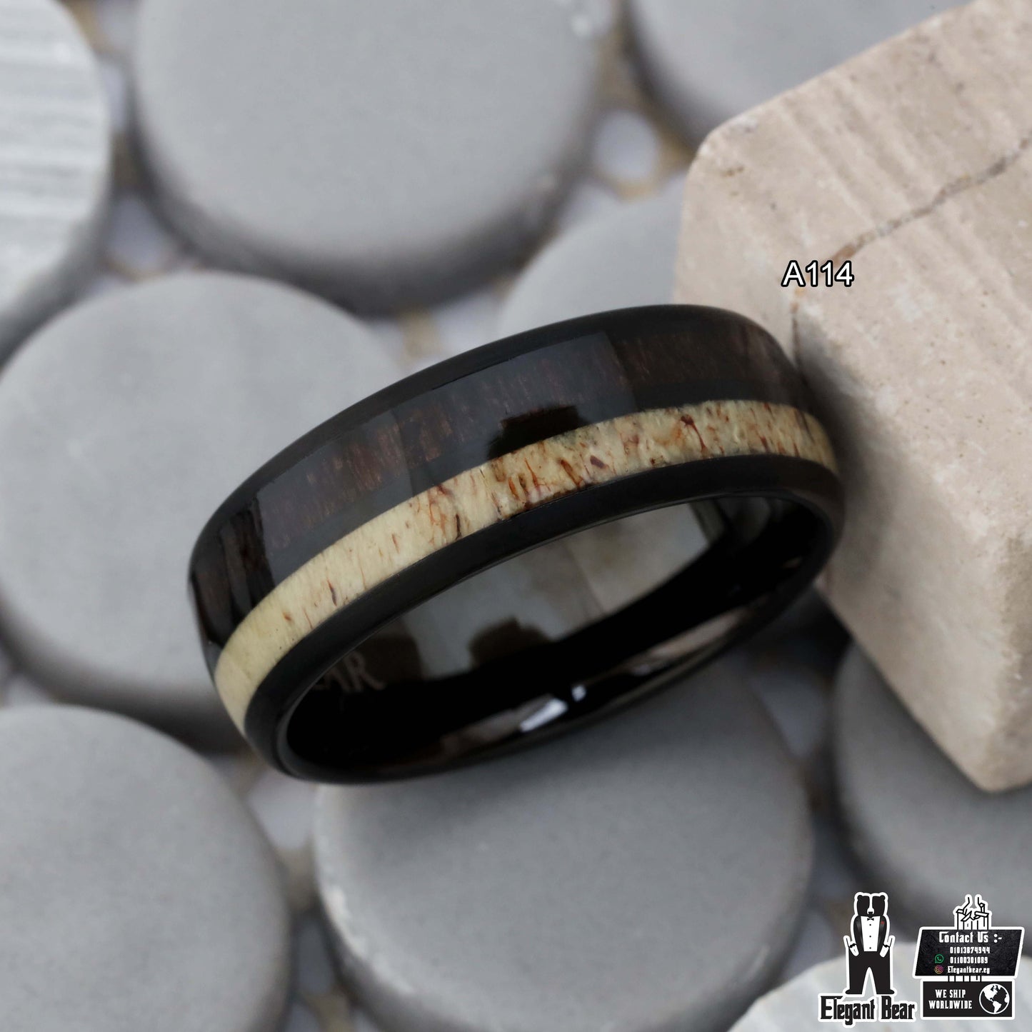 Tungsten Ring with Natural Koa Wood & Deer Antler Inlay - Dual Material - 8mm - A114