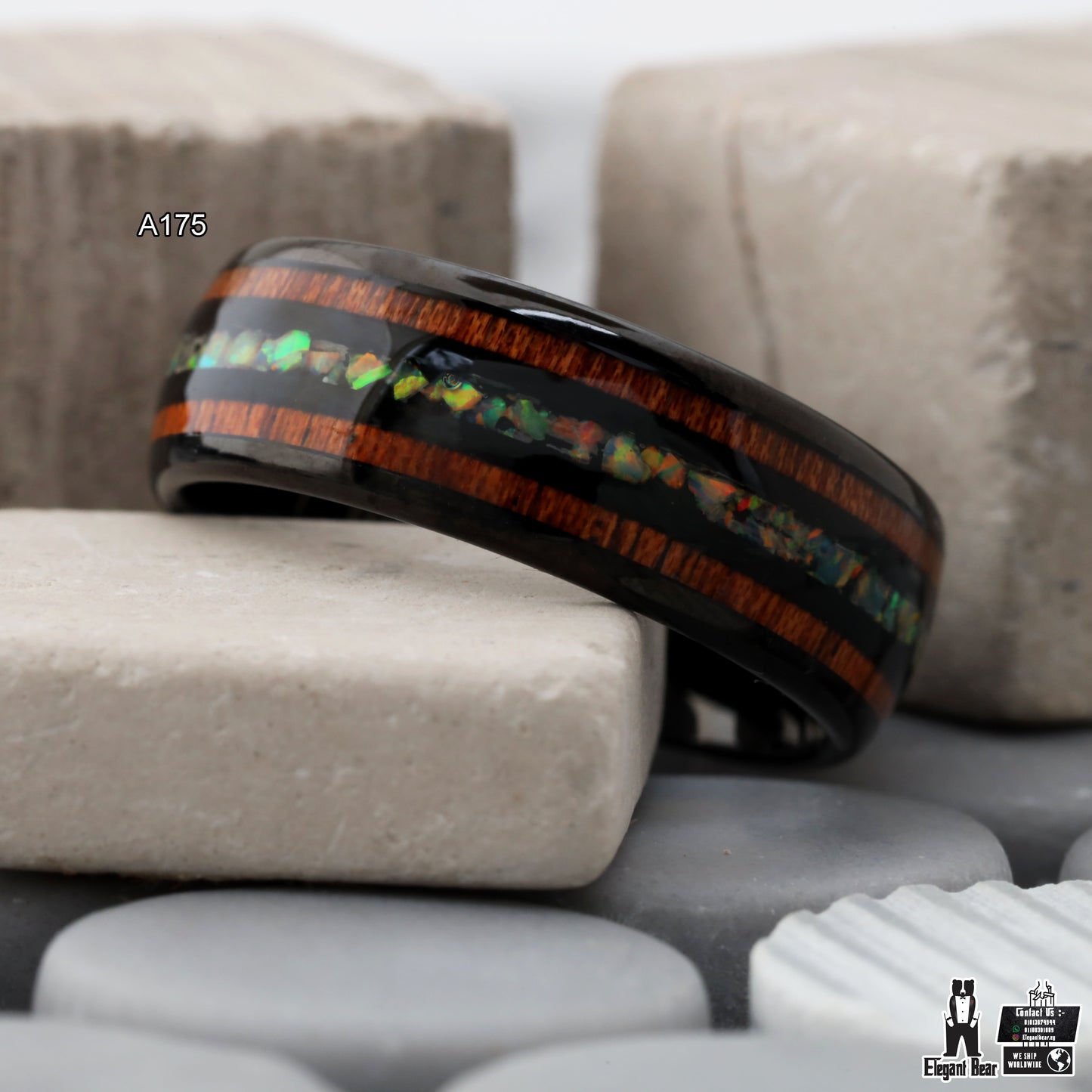 Black Tungsten Ring with Koa Wood & Natural Fire Opal Stones - Premium Design - 8mm - A175