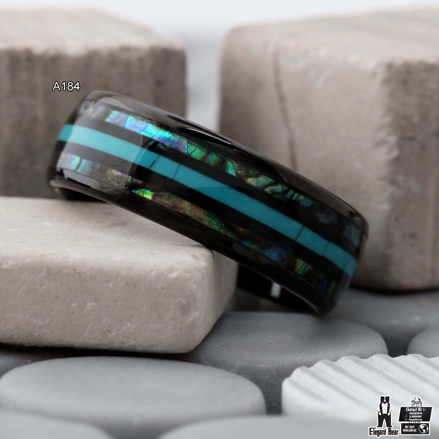Tungsten Ring with Turquoise Stone, Abalone Shell & Koa Wood - Triple Inlay - 8mm - A184