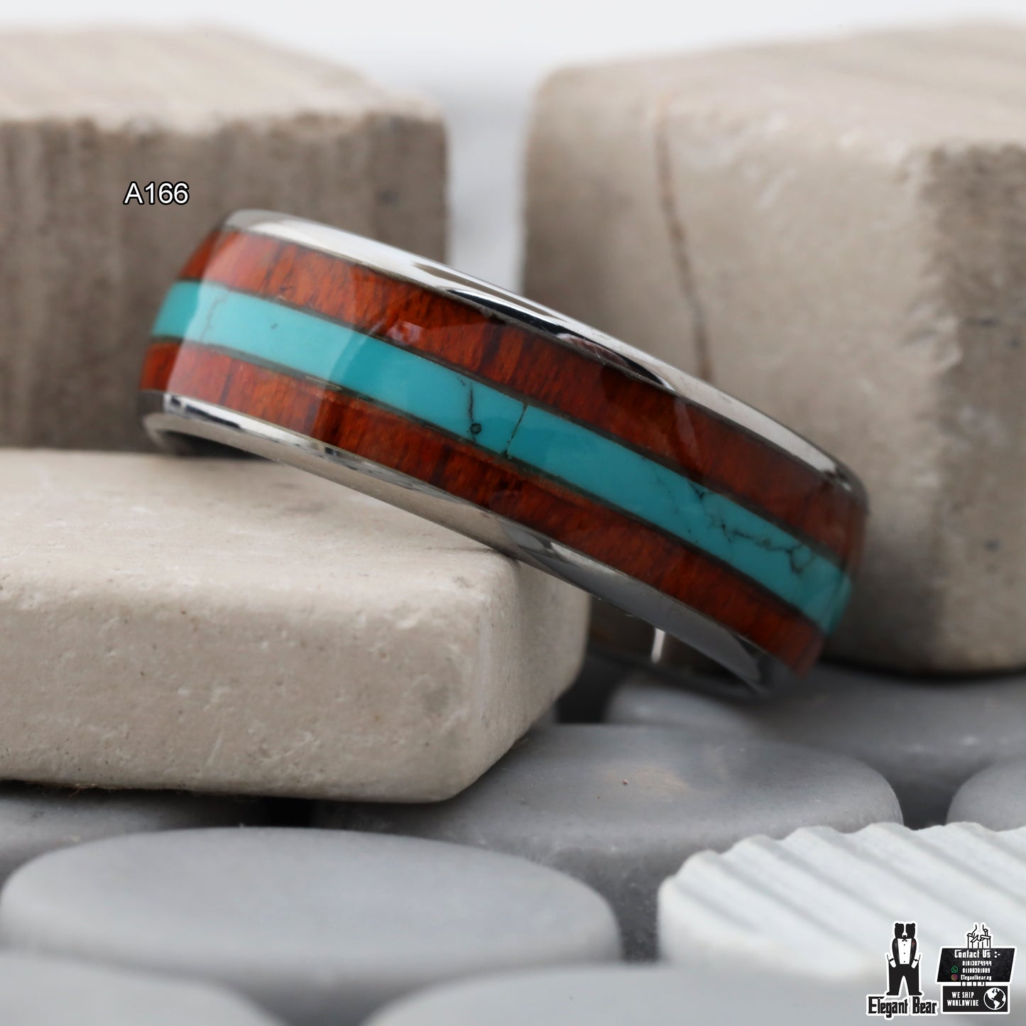 Silver Tungsten Ring with Koa Wood & Natural Turquoise Stone - 8mm - A166