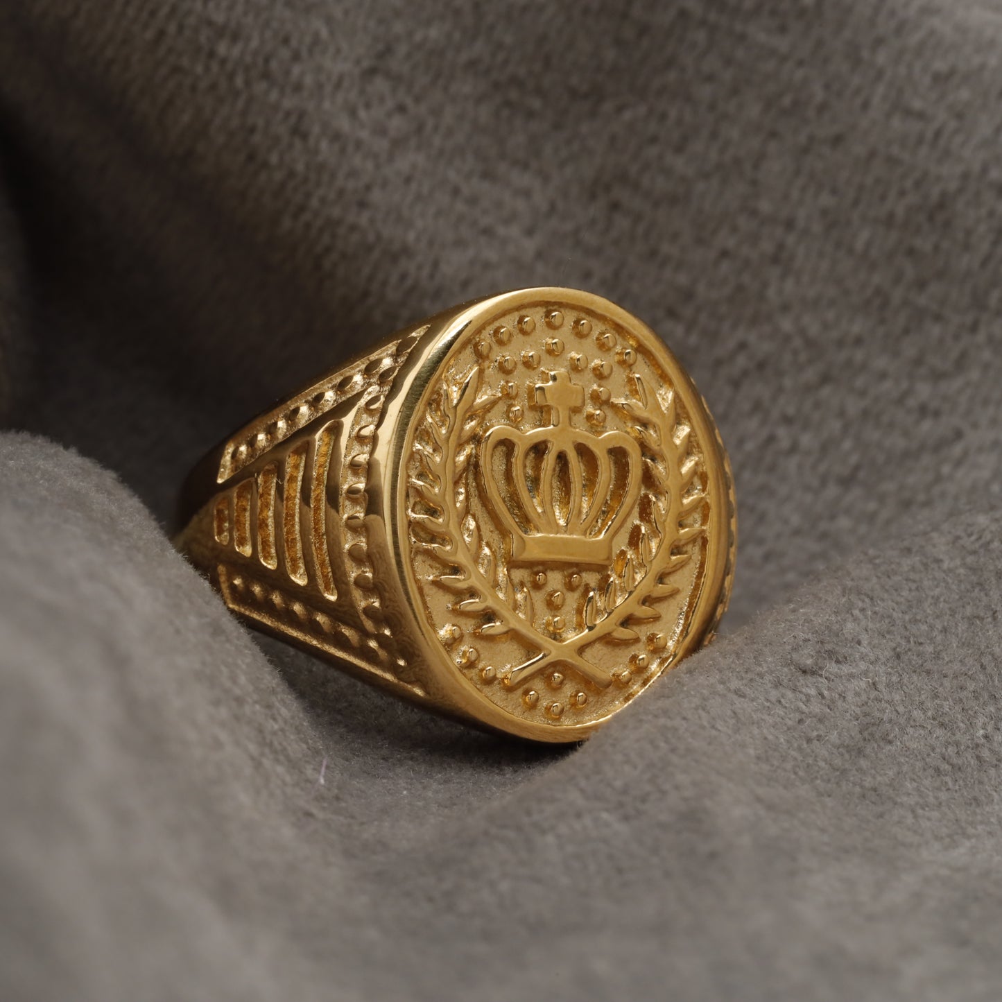 Gold Royal Crown & Laurel Wreath Oval Signet Ring with Engraved Band Gold Stainless Steel Ring R40