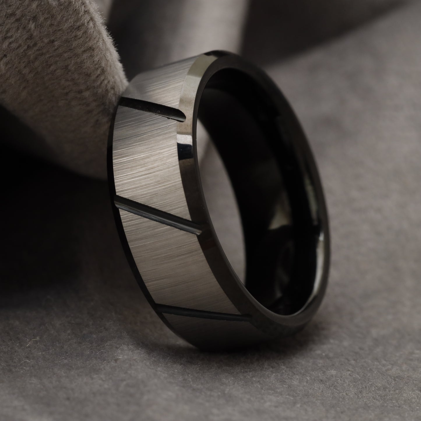Brushed Silver & Black Grooved Tungsten Ring U5