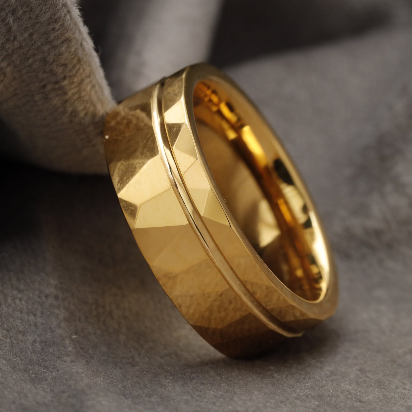 Gold Multi-Faceted Tungsten Ring with Diamond-Cut Surface & Stepped Edge U19