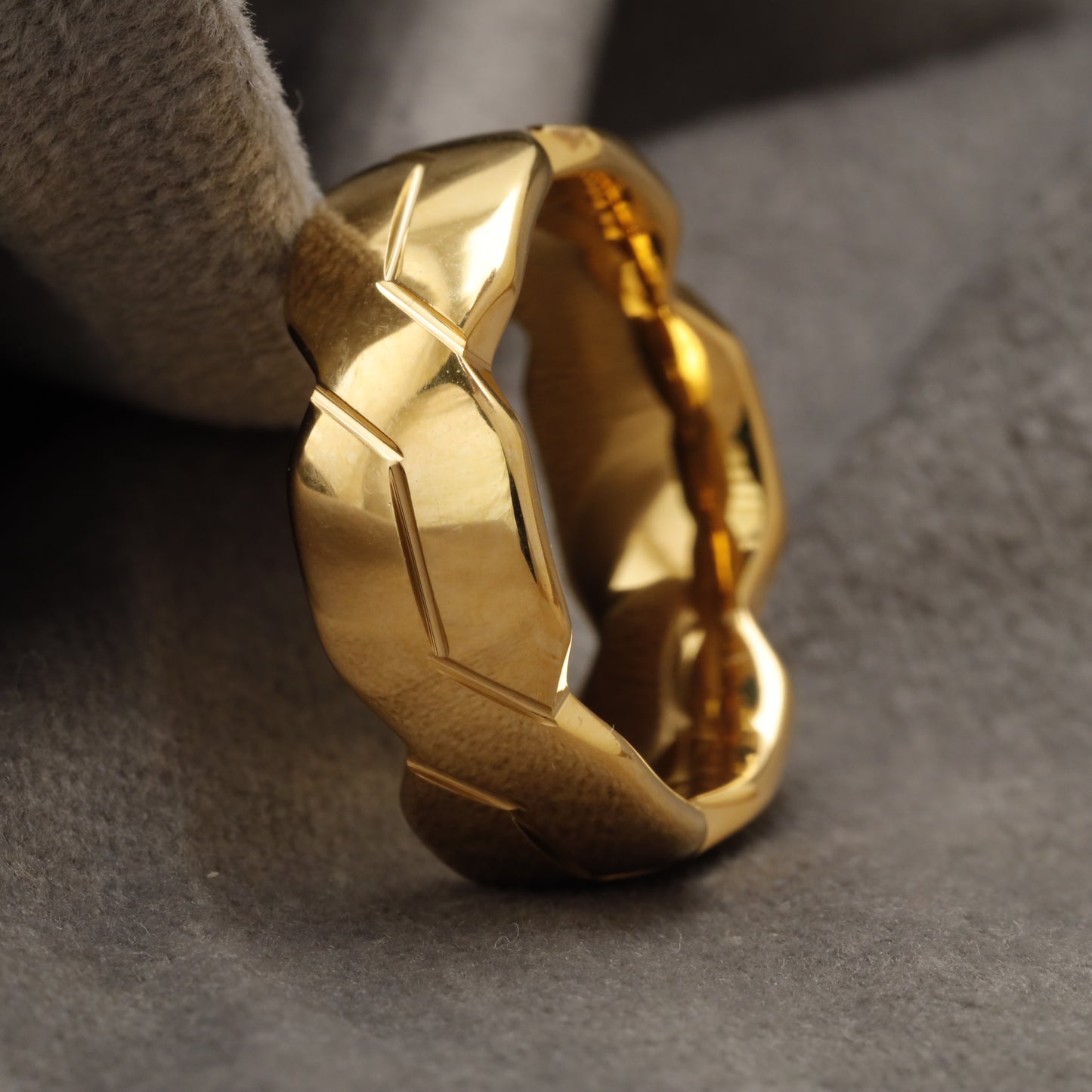Gold 3D Geometric Faceted Tungsten Ring with Polished Polygonal Surface U21
