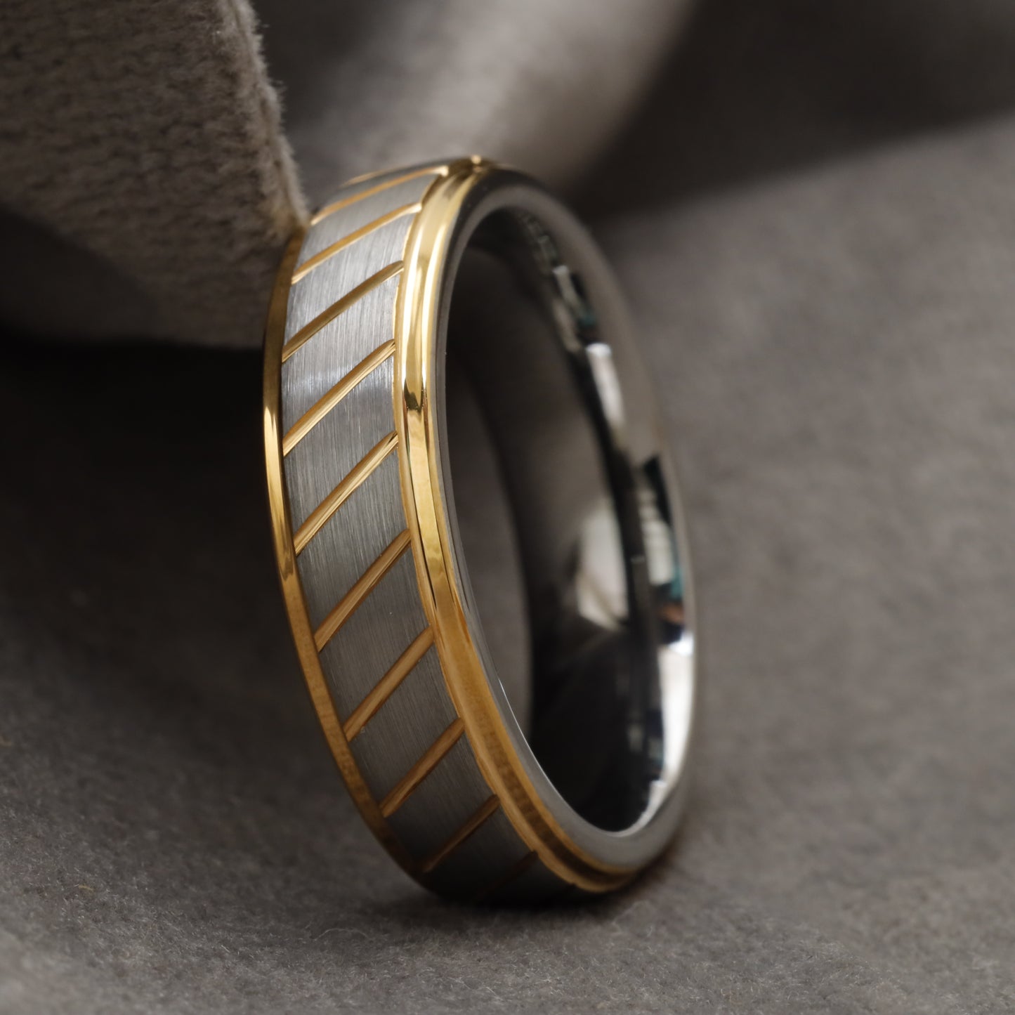 Two-Tone Silver & Gold Tungsten Ring with Brushed Silver Center and Diagonal Gold Engraved Lines U24