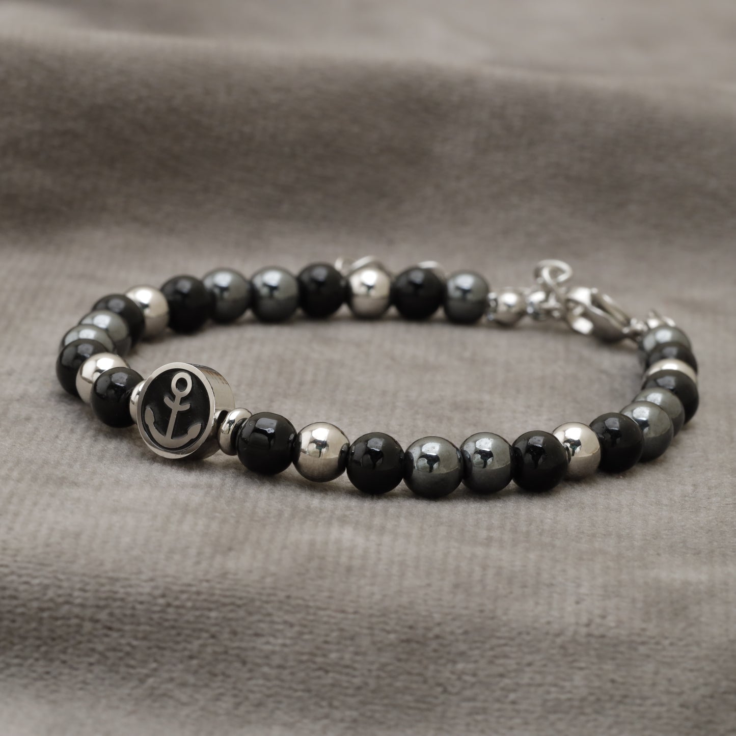 Black Onyx & Hematite Natural Stone Beaded Bracelet with Anchor Charm B19