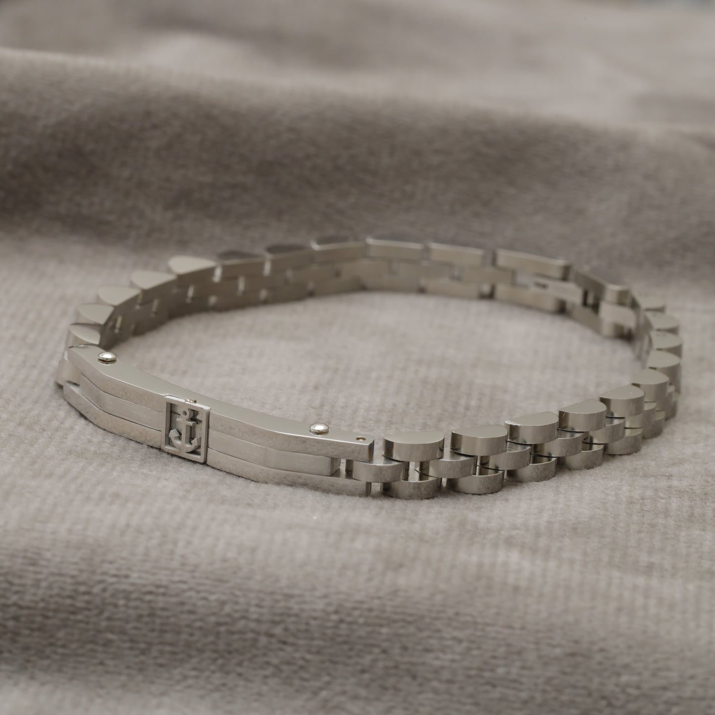 Silver Stainless Steel Watch-Style Link Bracelet with Engraved Anchor Charm B13