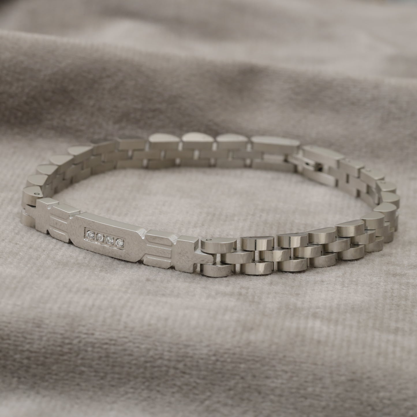 Silver Stainless Steel Watch Style Link Bracelet with 4 Crystal Stones B14
