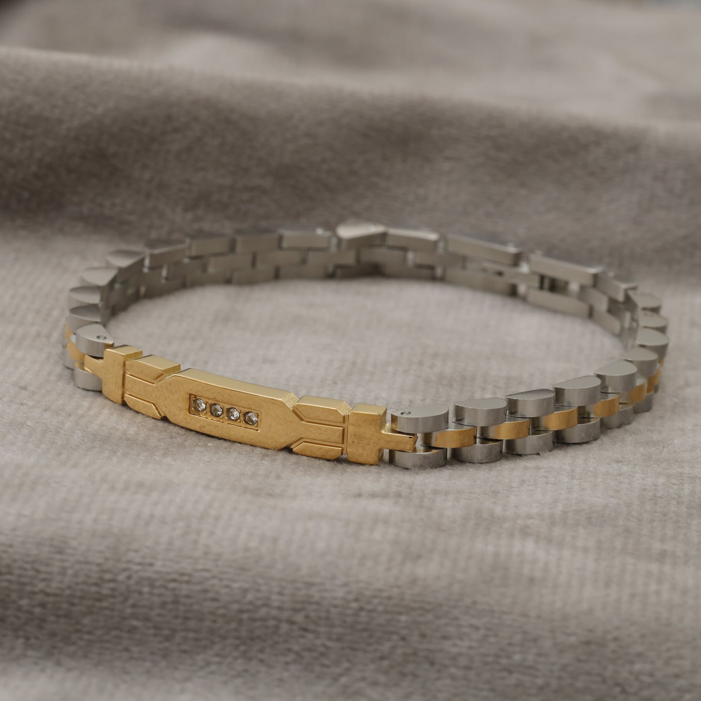 Two-Tone Silver & Gold Stainless Steel Watch Style Link Bracelet with Crystal Stones B16