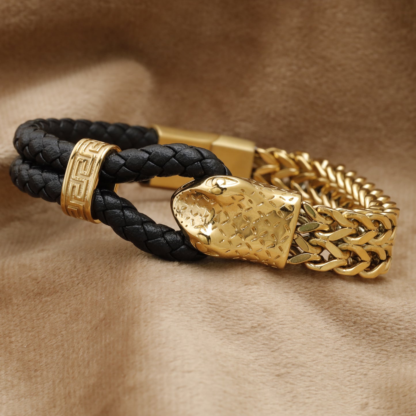Gold Panther Head Leather & Chain Bracelet B52