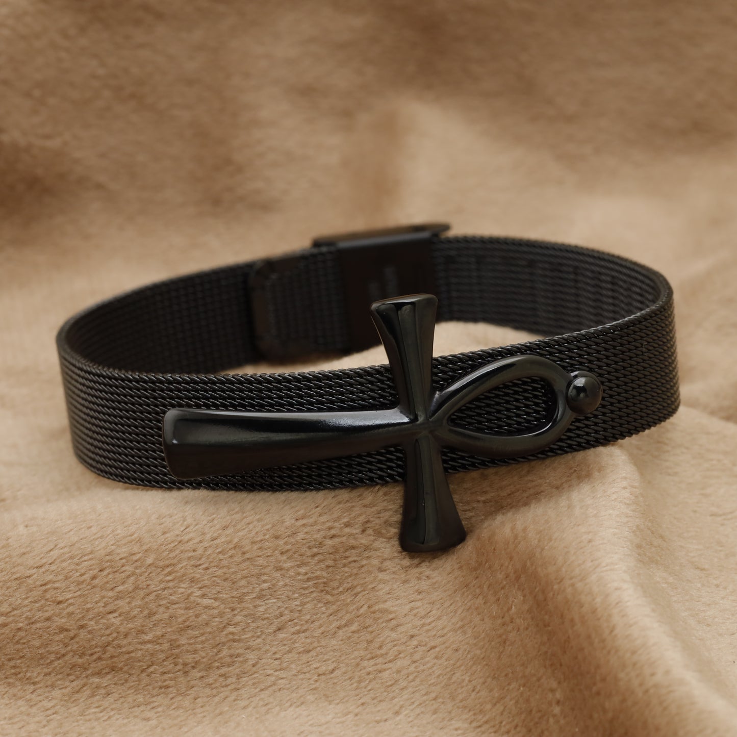 Black Ankh Cross Mesh Bracelet B24