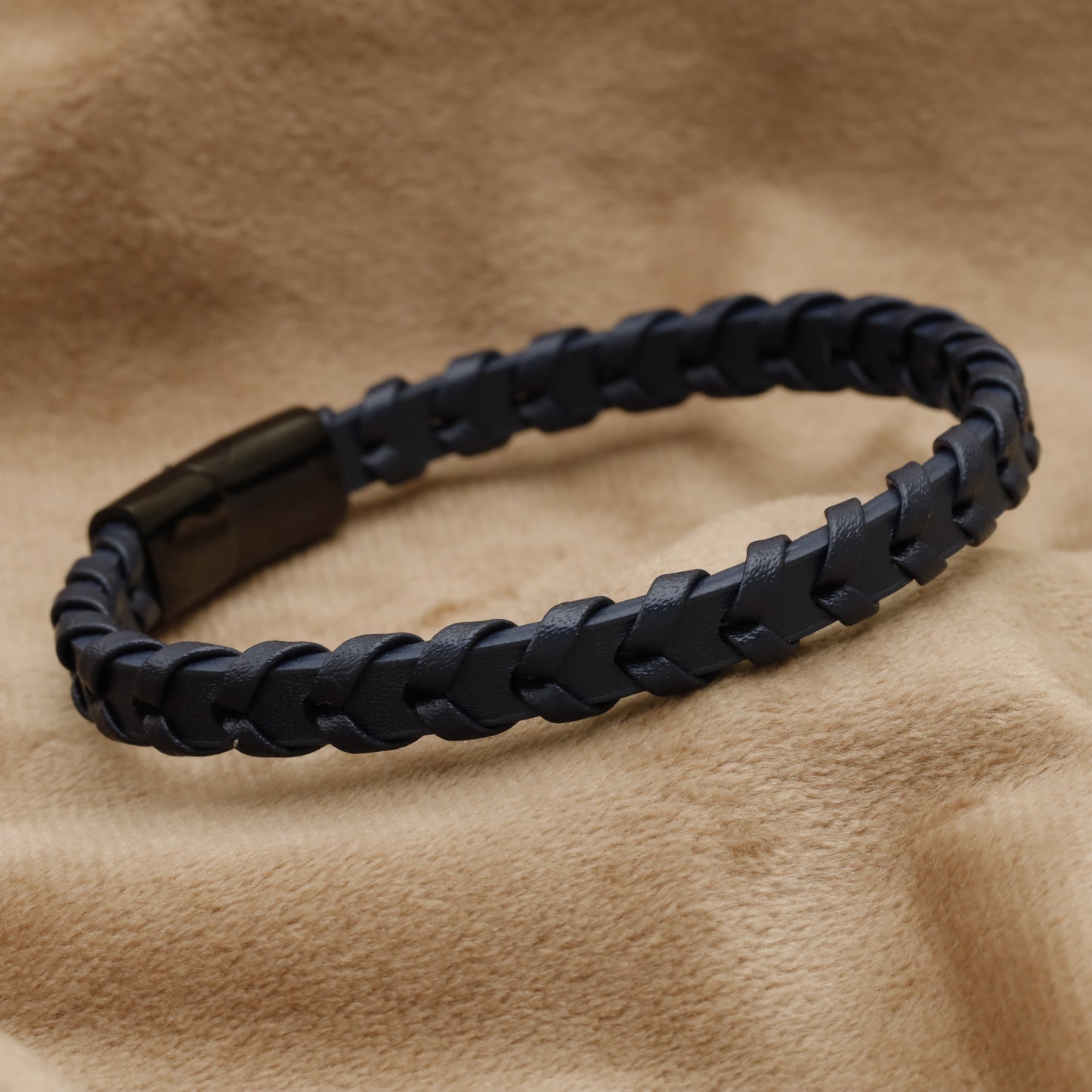 Natural Blue Leather & Stainless Steel Lock Bracelet B27