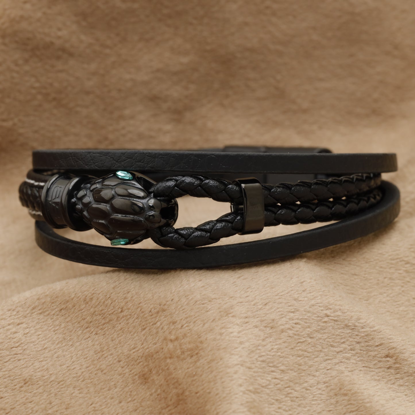 Black Natural Leather & Stainless Steel Bracelet B33
