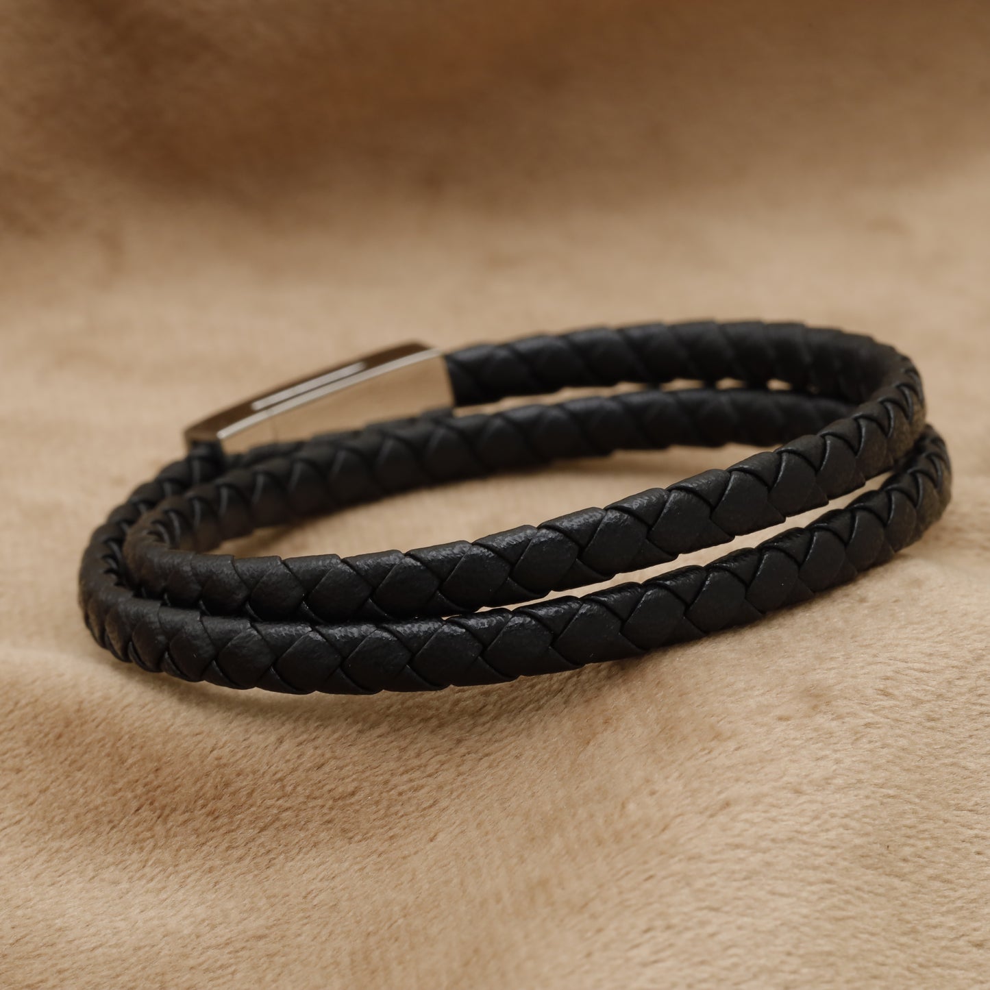 Black Double Wrap Braided Leather Bracelet with Silver Clasp B93