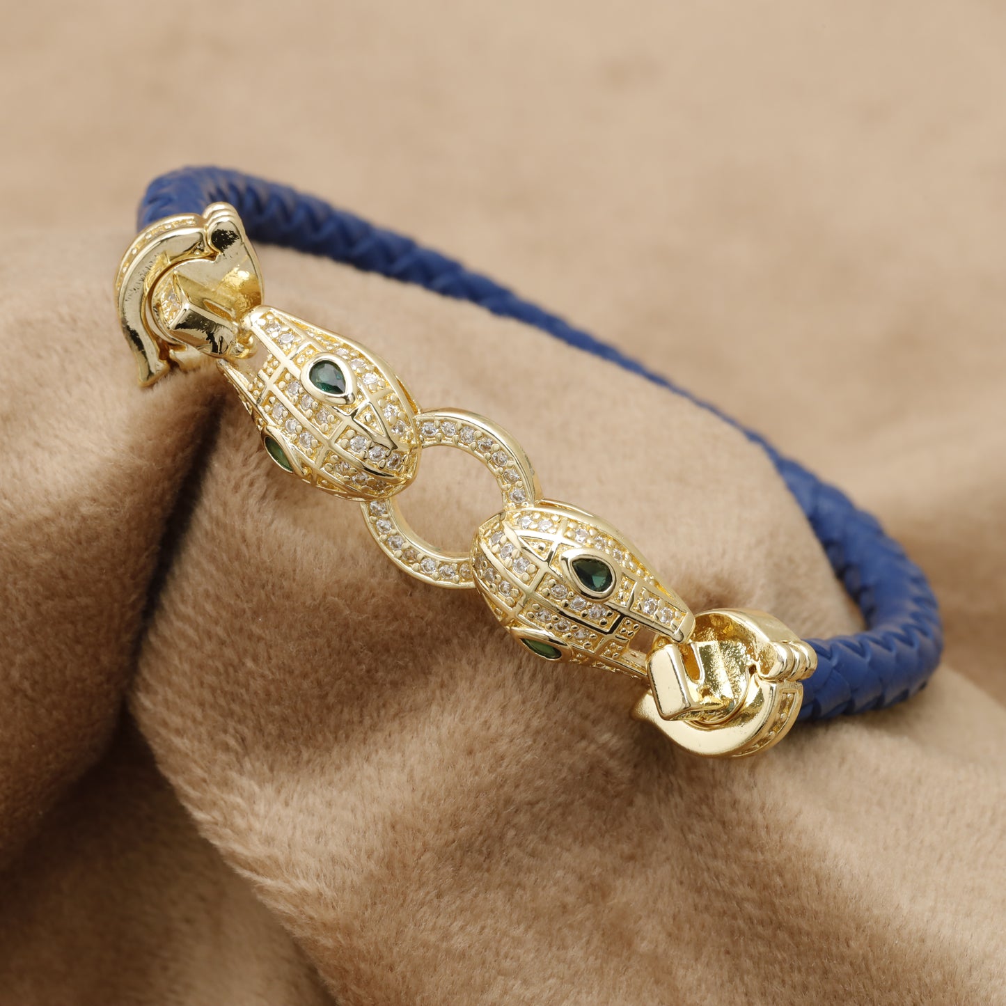 Blue Braided Leather Bracelet – Gold Double Panther Head & Crystal Ring Clasp | KAR63