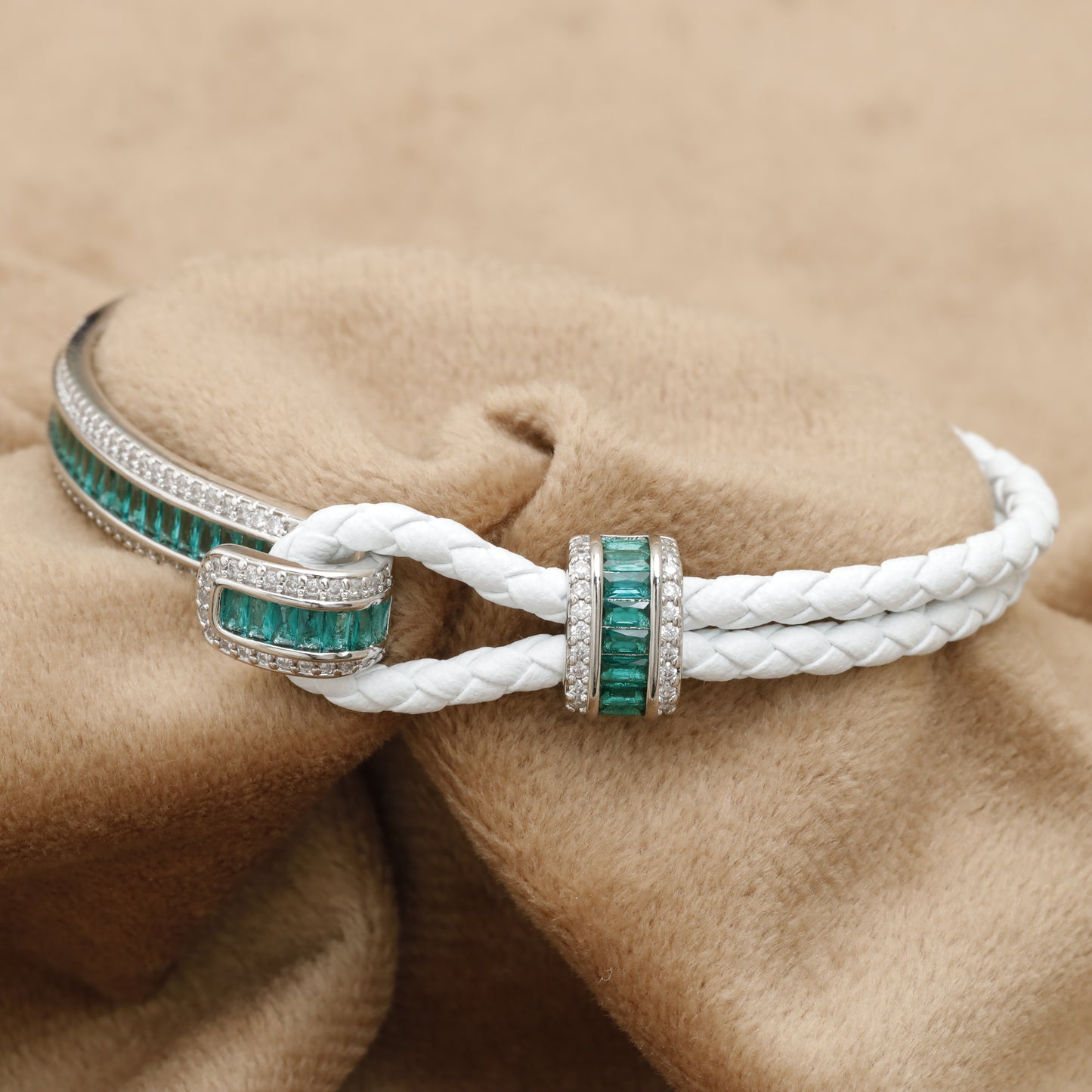 White Braided Leather Bracelet – Silver Emerald Baguette & Crystal Bar Clasp | KAR73