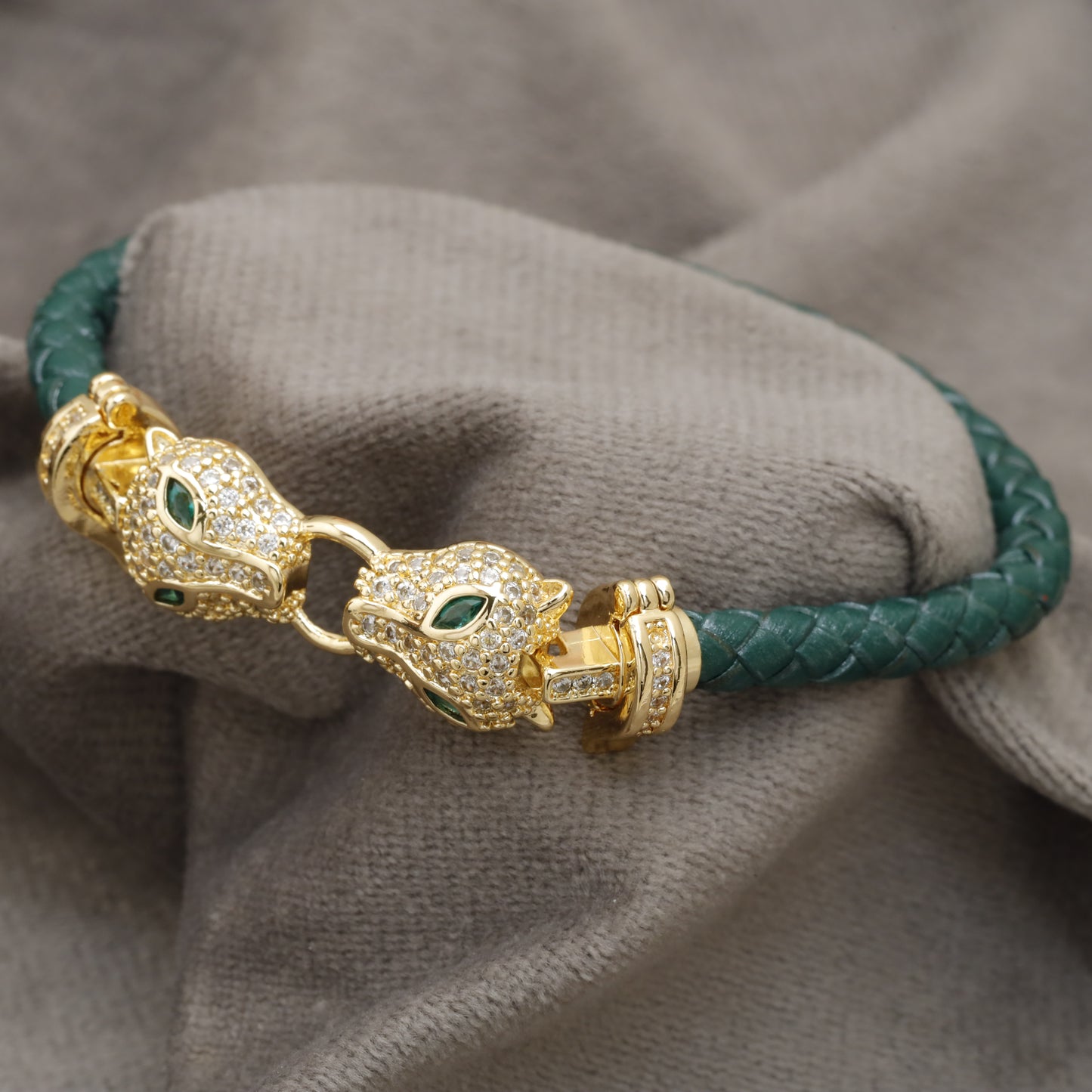 Teal Braided Leather Bracelet Gold Double Panther Head Emerald Eye KAR79 – view 3