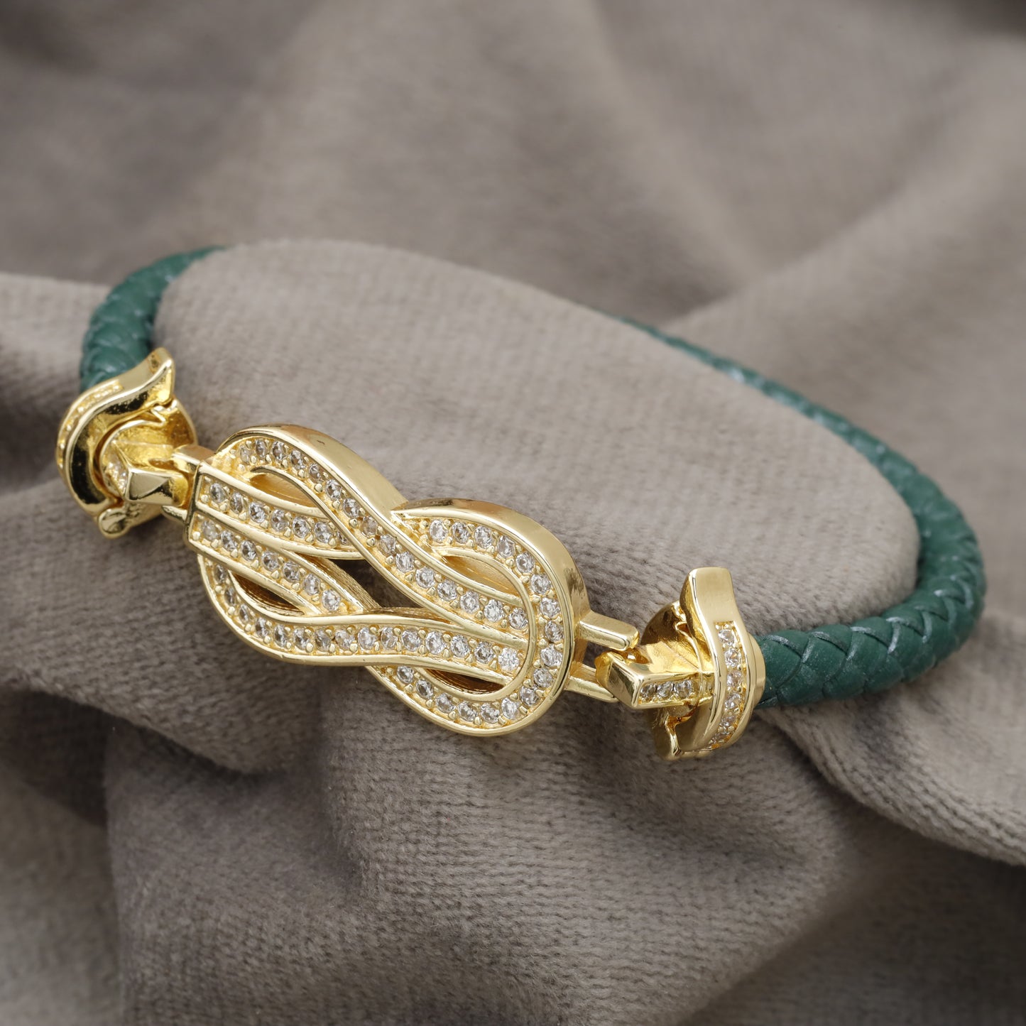 Teal Braided Leather Bracelet Gold Crystal Infinity Knot Clasp KAR78 – إسوارة جلد تيل عقدة