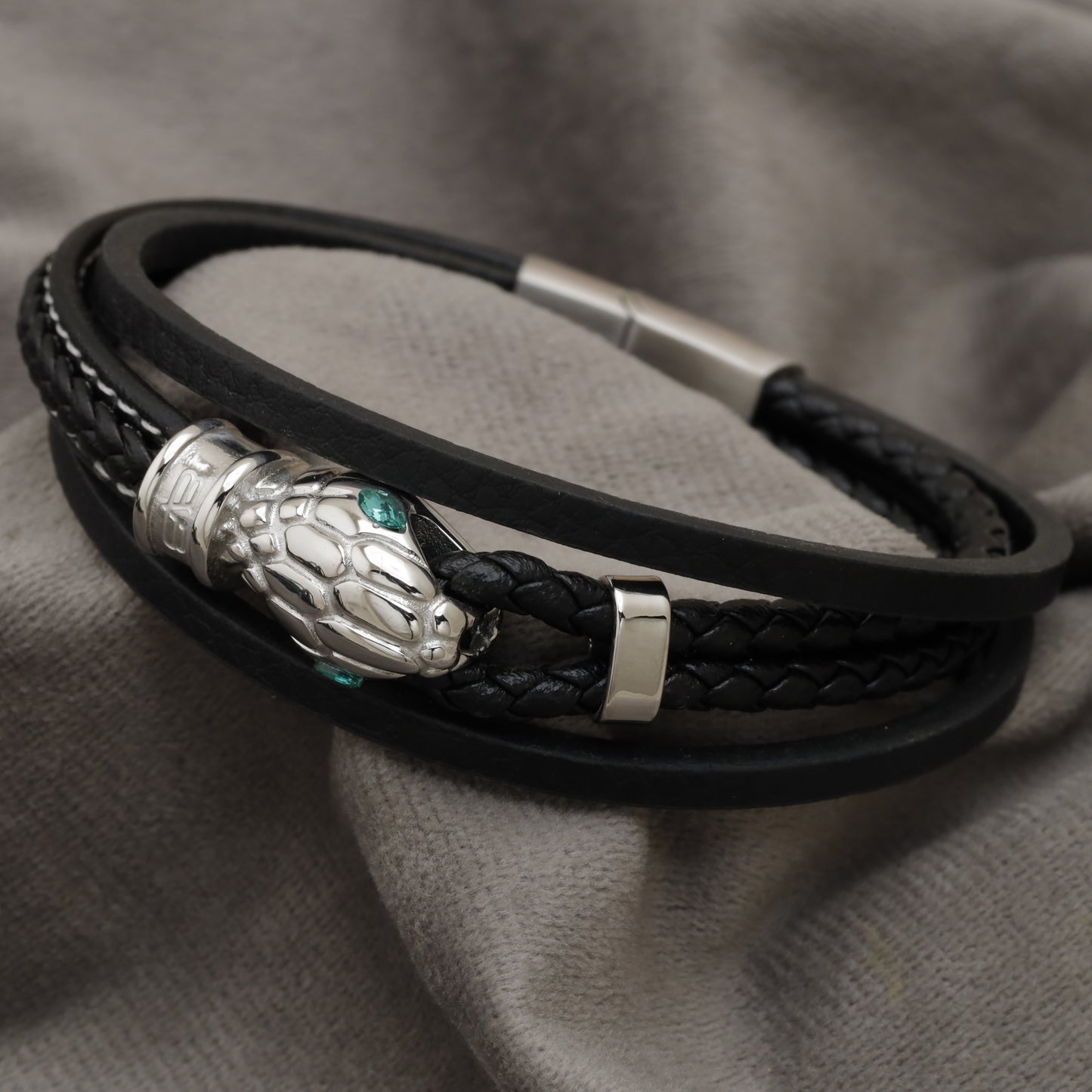 Black Multi-Layer Leather Bracelet with Silver Panther Head & Teal Crystals B82