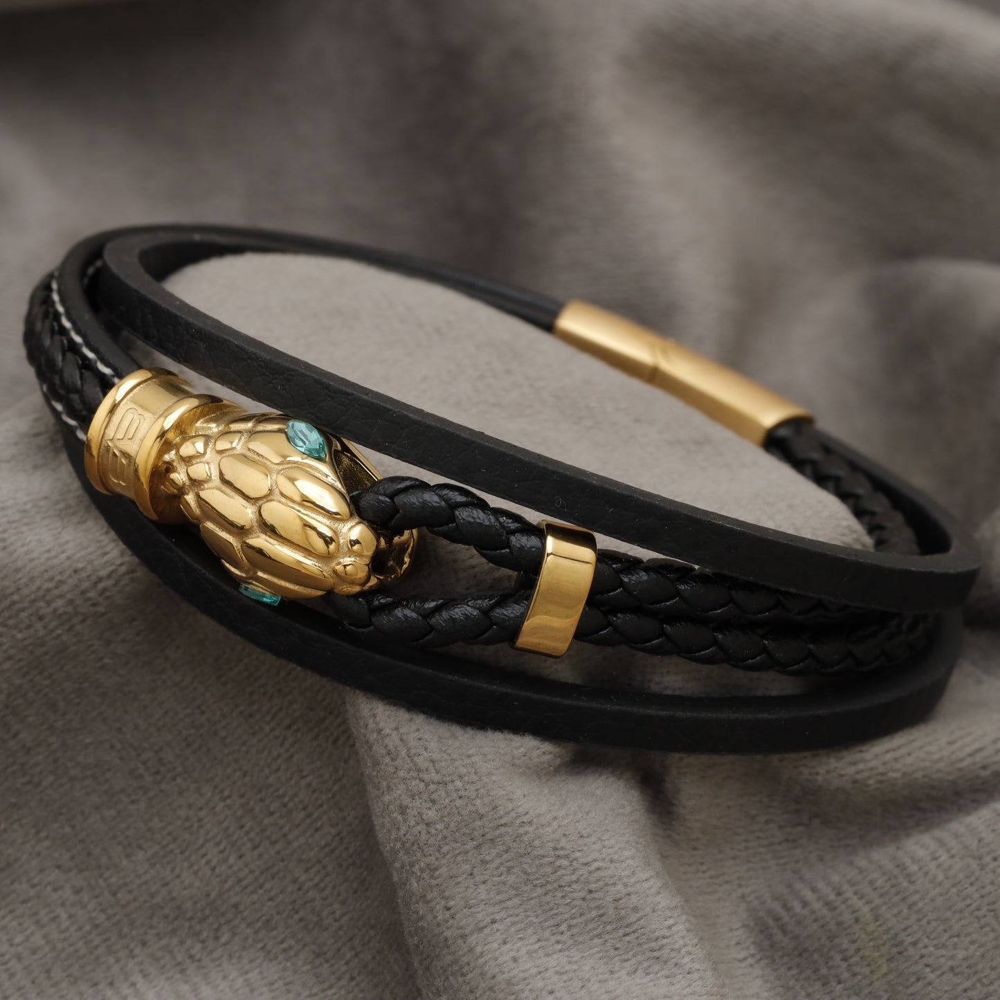 Gold Snake Head Multi-Layer Black Leather Bracelet B53