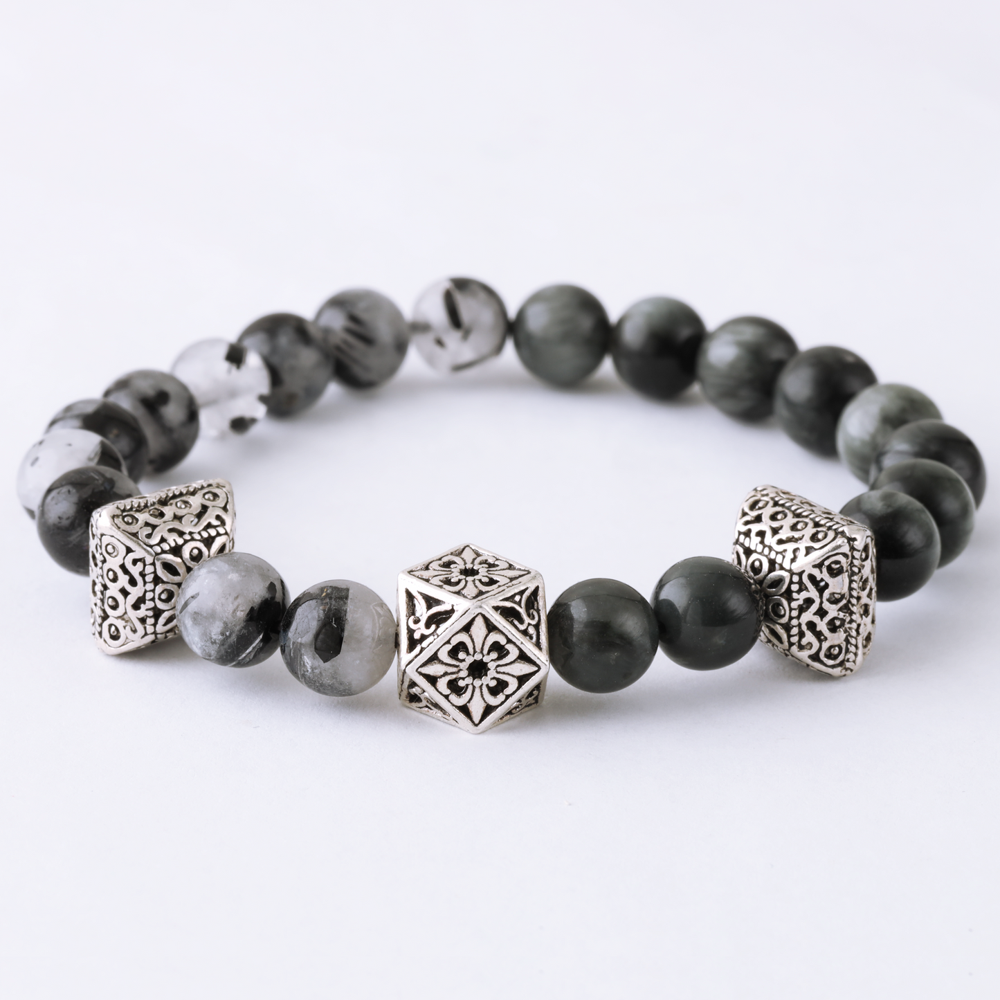 Natural Spherical Black Hawk Eye Gemstone & Natural Spherical Tourmaline Quartz with 3 Different 925 Sterling Silver Toy LU203