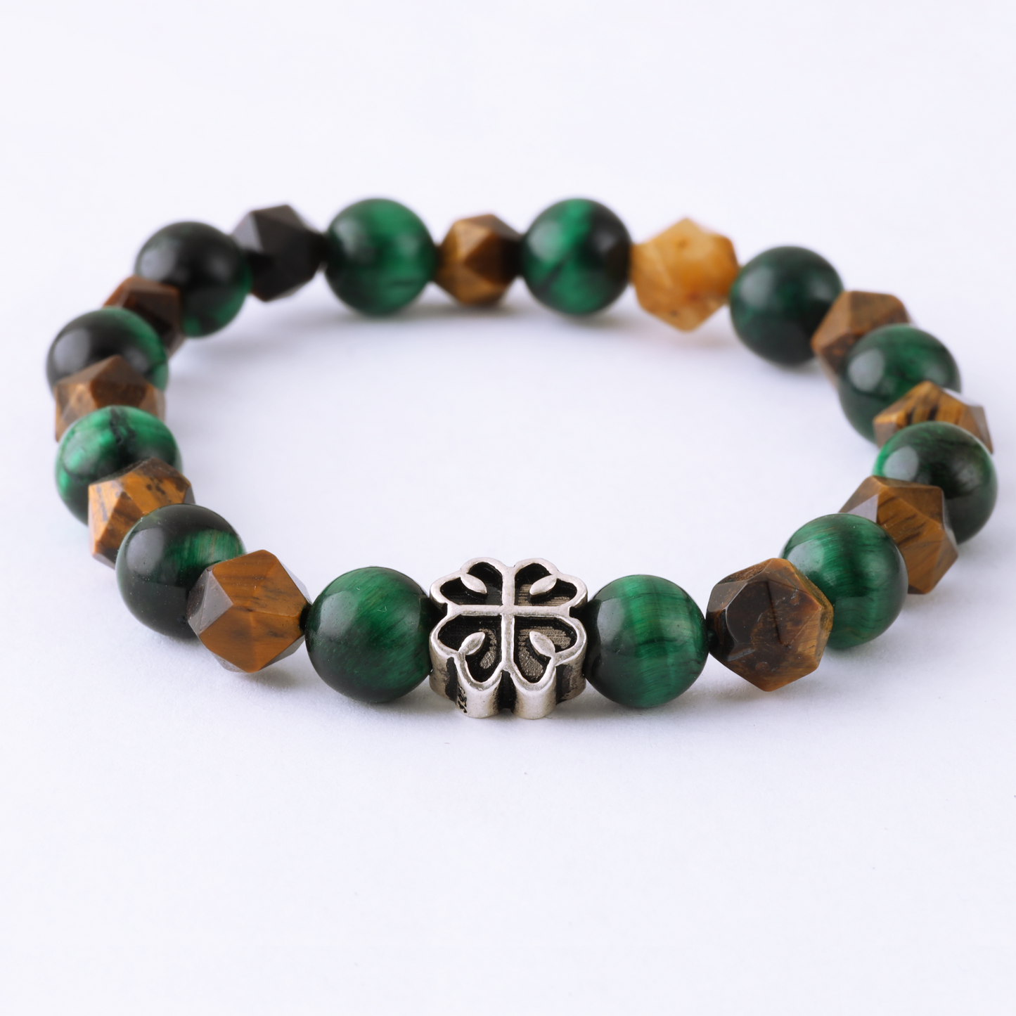 Natural Cubic Brown Tiger Eye Gemstone & Natural Green Tiger Eye Gemstone with Lucky four-leaf clover 925 Sterling Silver Toy LU204