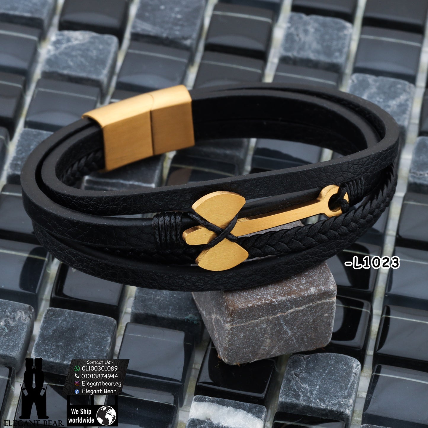 Premium Genuine Leather Bracelet with Gold Anchor Pattern L1023