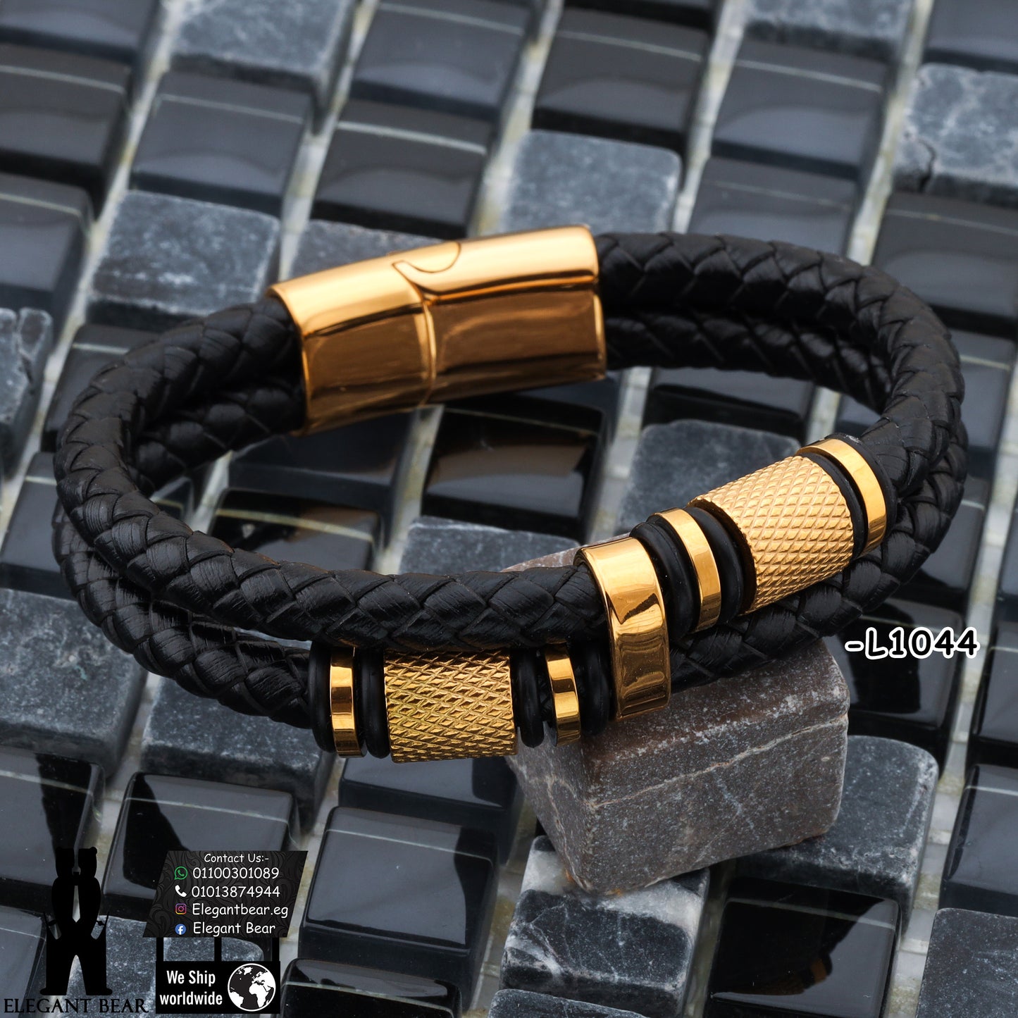 Premium Genuine Leather Bracelet with Textured Gold Elements L1044
