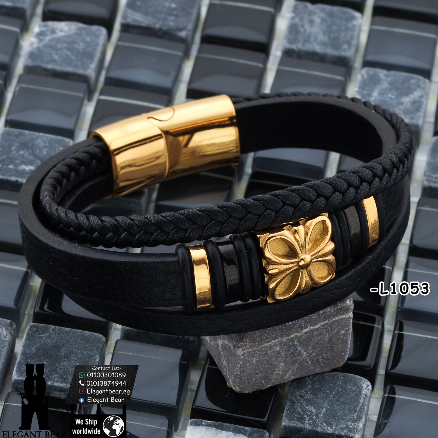 Premium Genuine Leather Bracelet with Gold Flower Pattern L1053