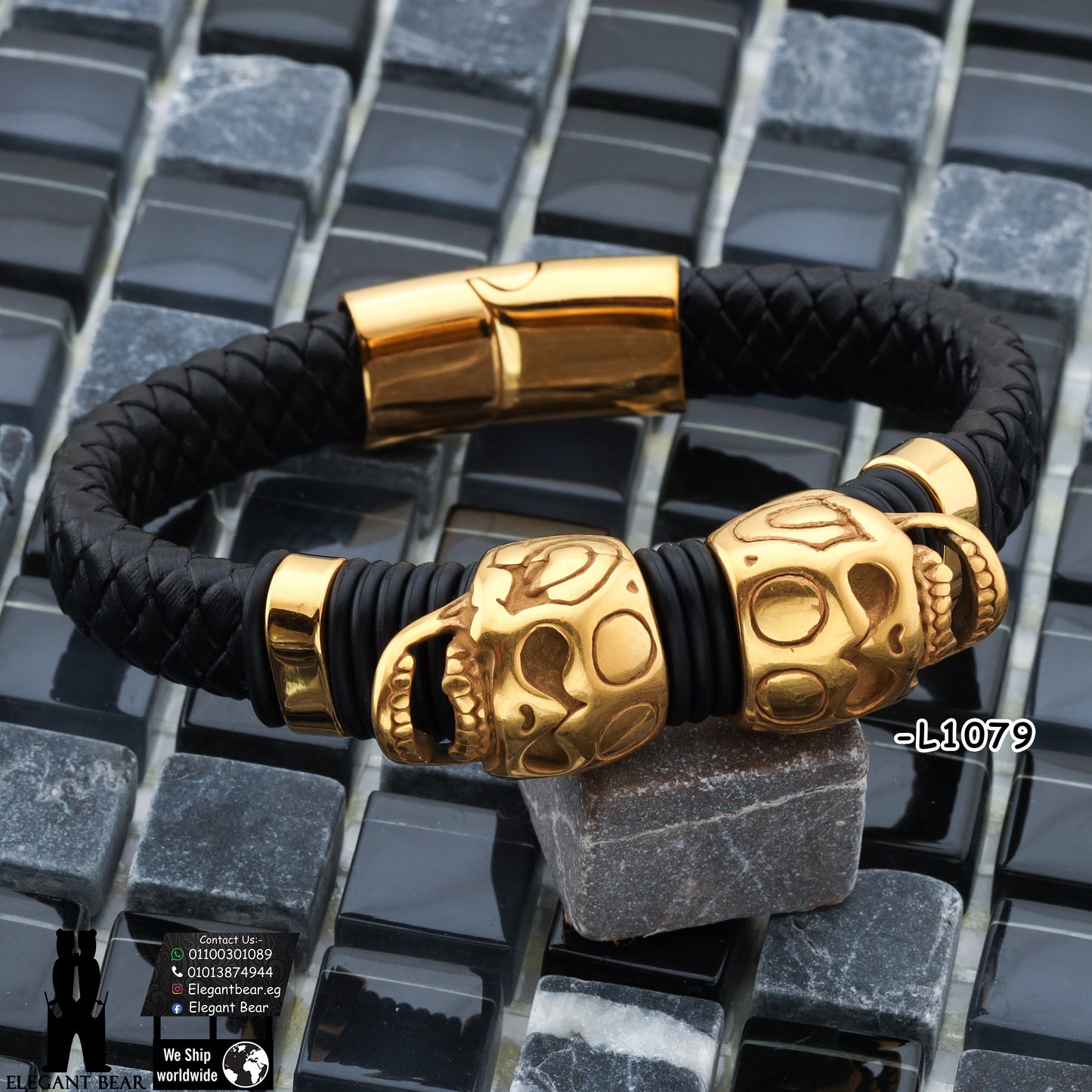 Premium Genuine Leather Bracelet with Gold Skull Pattern L1079