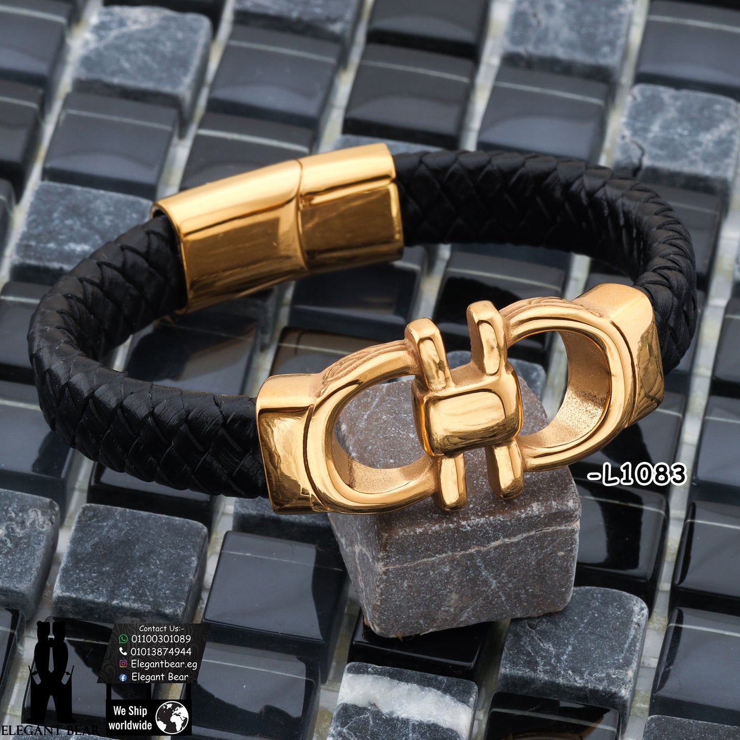 Premium Genuine Leather Bracelet with Gold Chain Pattern L1083