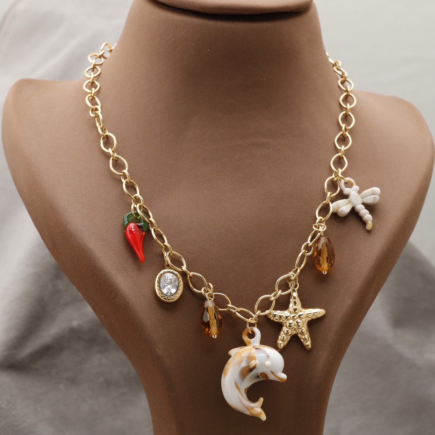 Gold Charm Necklace with Dolphin Starfish Dragonfly & Crystal Charms K1