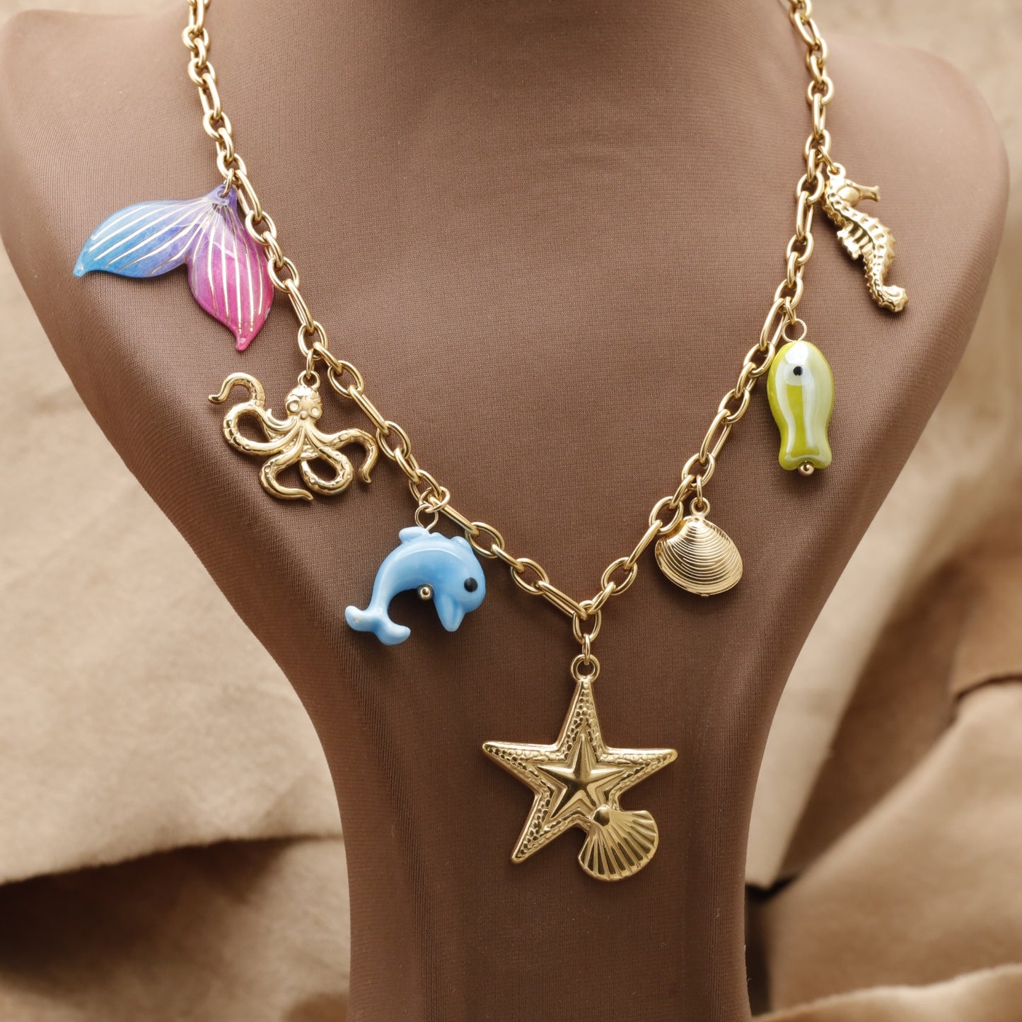 Gold Ocean Charm Necklace with Octopus Dolphin Starfish Mermaid Tail & Seahorse K9